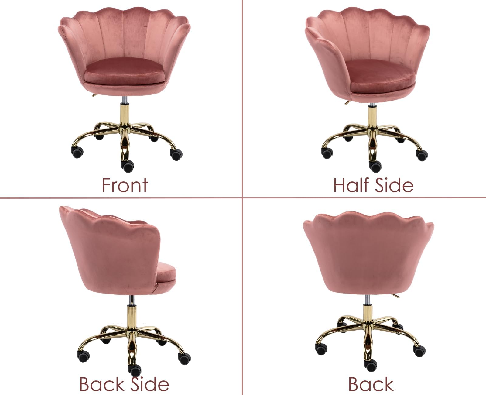 chairus Homeoffice Stuhl, Drehstuhl aus Samt Schreibtischstuhl höhenverstellbar Bürostuhl mit Blütenblatt-Rückenlehne, Vergoldeter Sockel Sessel für Schlafzimmer/Schminktisch,Rosa