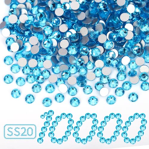 Image of 10000PCS Aquamarine Rhinestones Bulk, Flat Back Crystal Glass Stone Round Gems,SS20, 4.6-4.8mm