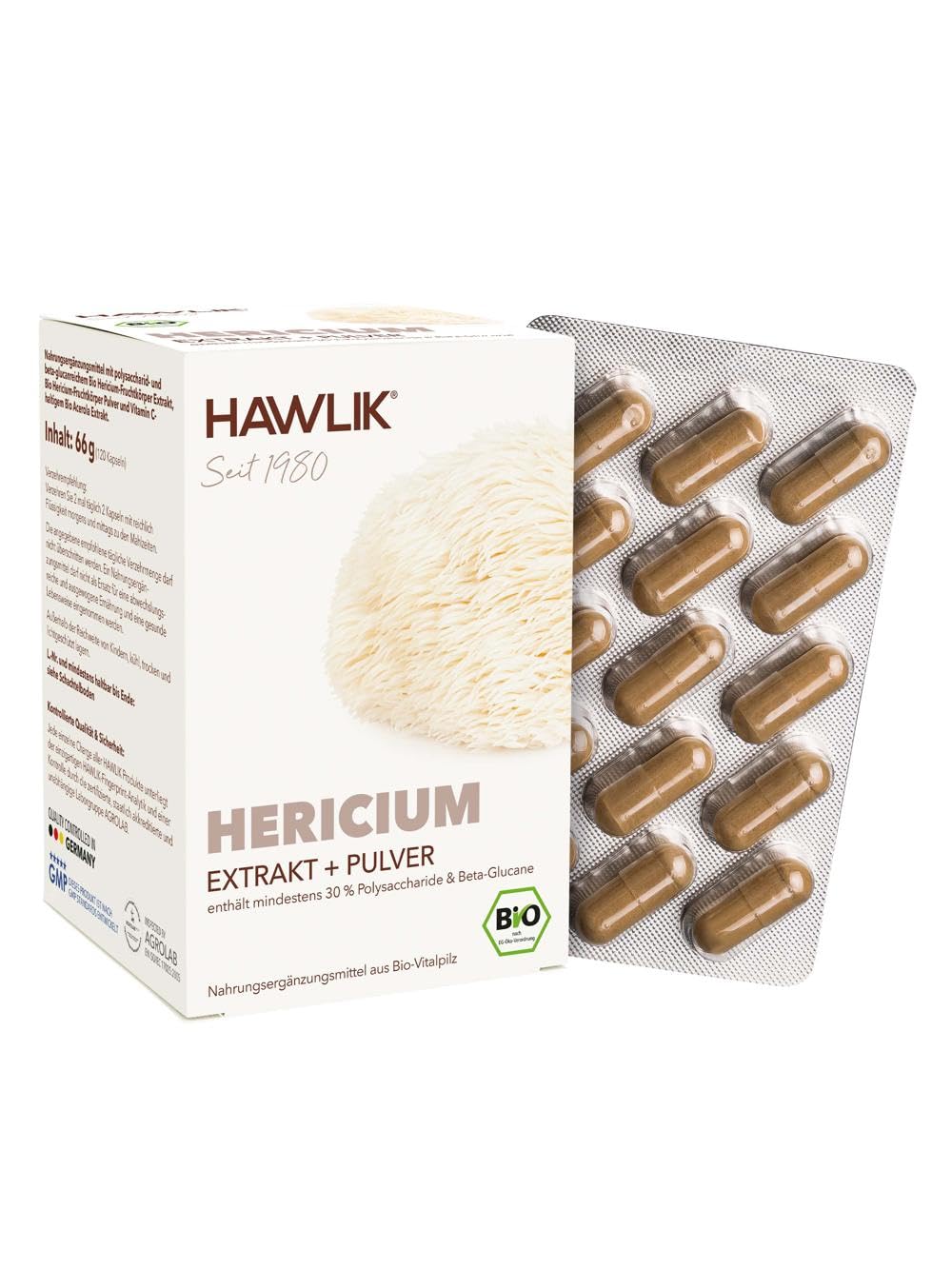 HAWLIK Vitalpilze Bio Hericium Extrakt + Pulver Kapseln - 120 Kapseln im Blister - Mit Vitamin C - Natürlicher Anbau - Vegan