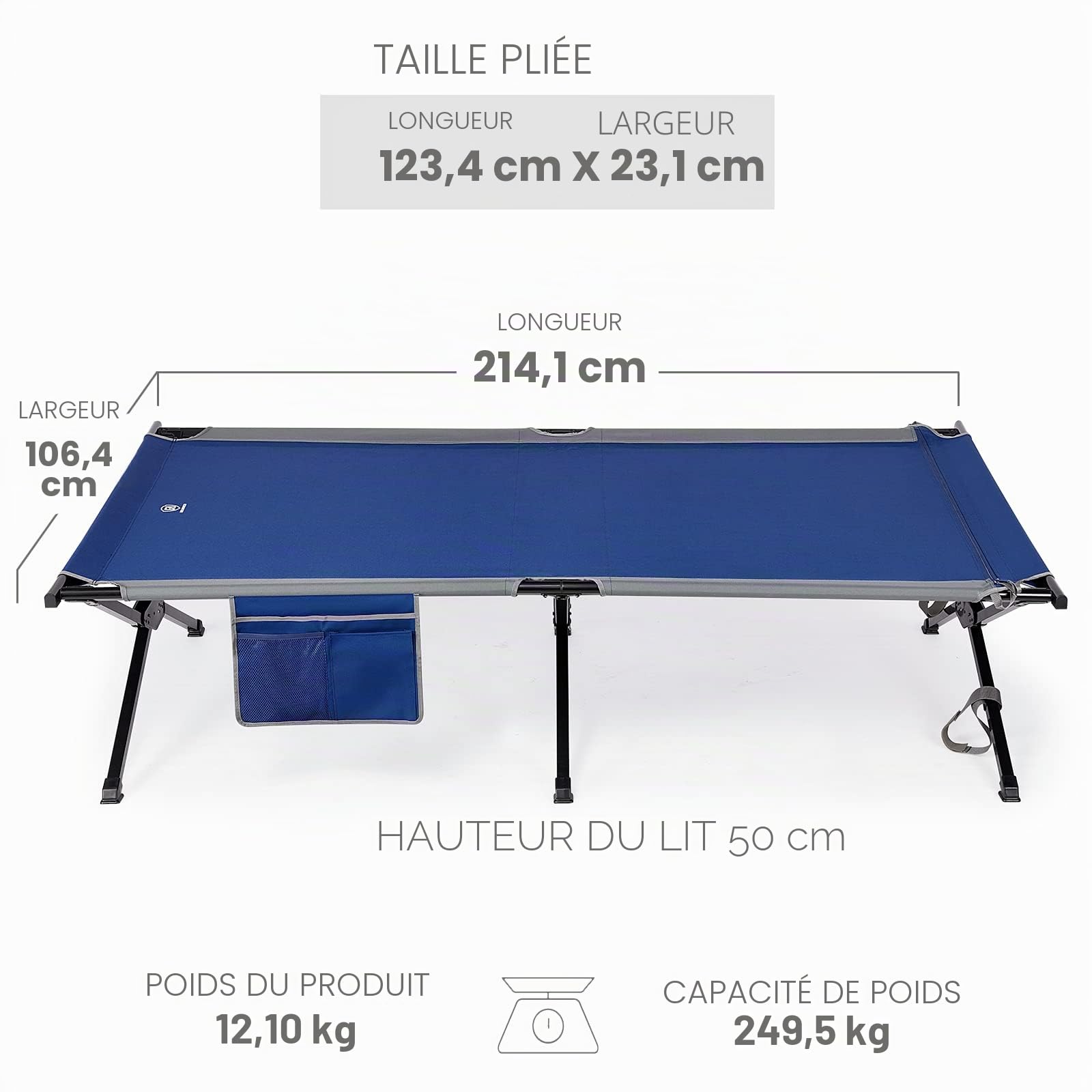 EVER ADVANCED Lit de Camp Pliant XXL avec capacité de Charge de 300 kg | Lit pliant Grand & Large 214 cm x 106 cm Lit de camping robuste pour camping, voyages, intérieur, extérieur, plage et jardin