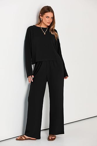 Miniatura 4 de PRETTYGARDEN Conjunto de 2 piezas para mujer, ropa deportiva casual de lino de manga larga y pantalones de pierna ancha para mujer