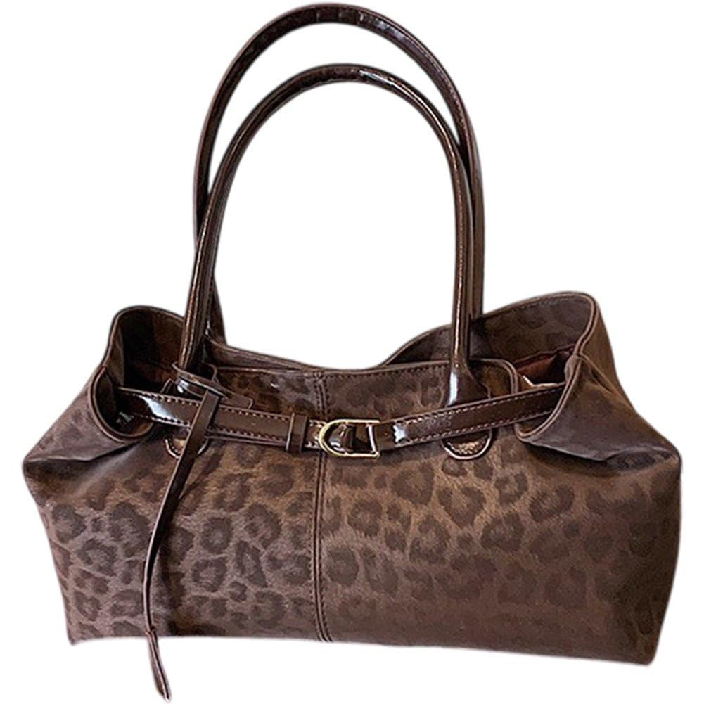 Fituenly Leopard PU Leather Shoulder Tote Bag for Women, Short Handle Slouchy Underarm Handbag, Trendy Brand Purse for Female