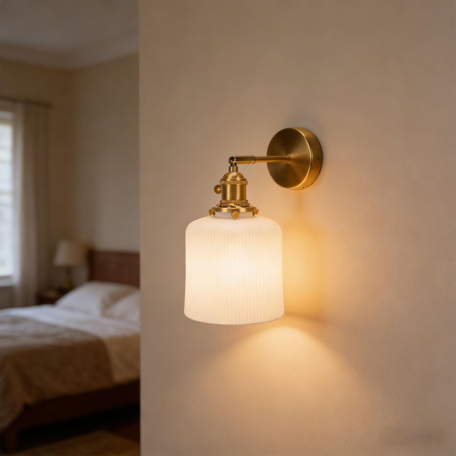 FTVOGUE E27 LED Kinkiet Mosiężny z Łańcuszkiem Ceramiczny Klosz Podtynkowy