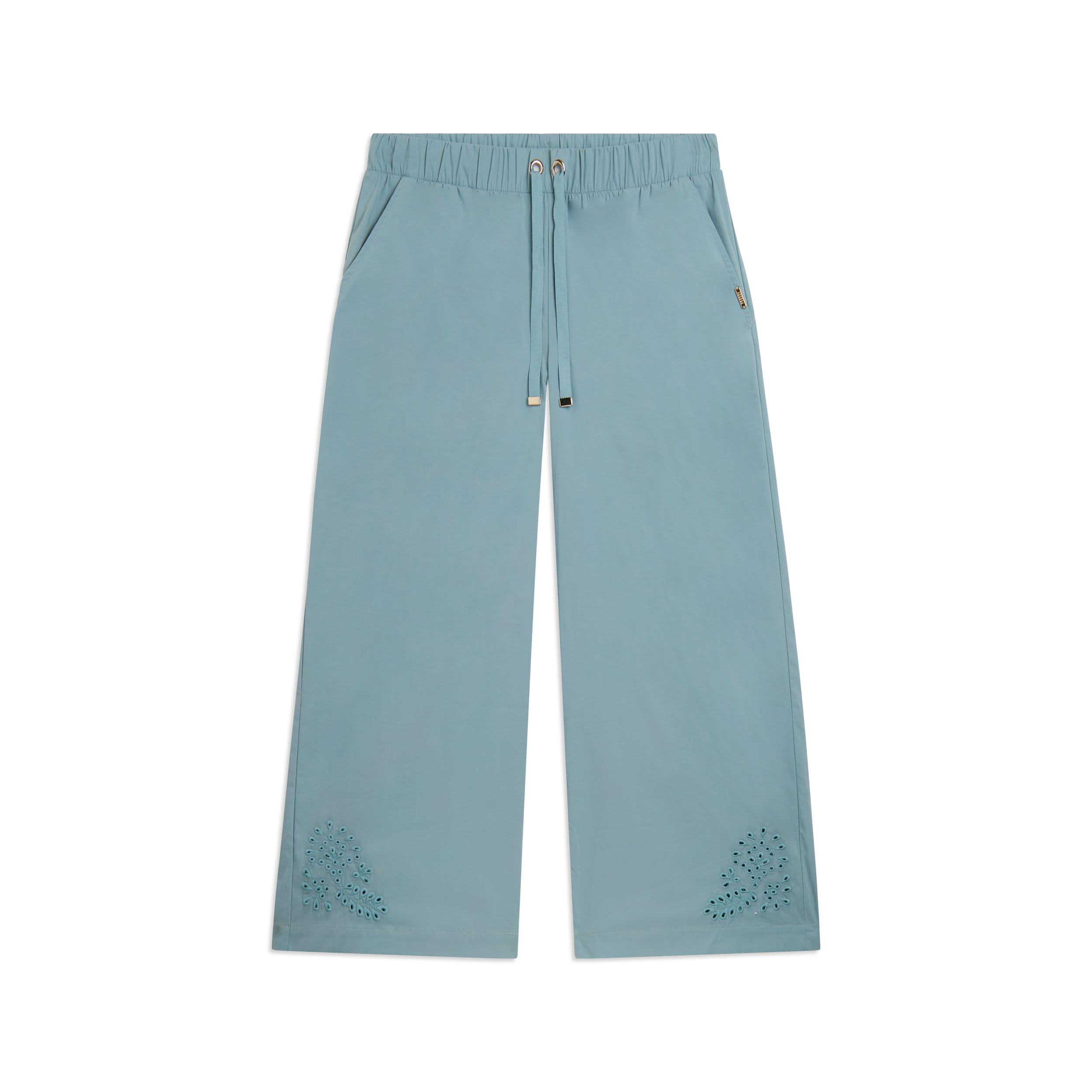 FREDDY - Pantaloni Donna Cropped in Popeline Elasticizzato con Ricamo Floreale sul Fondo, Vita Regular con Coulisse e Gamba Ampia - Pantaloni Casual
