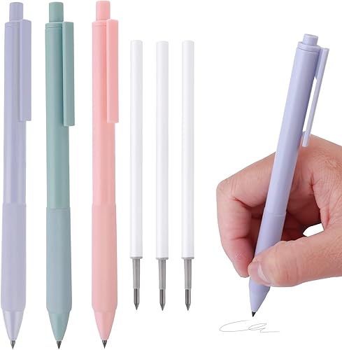 TIESOME Paquete de 3 lápices mecánicos sin tinta con juego de 3 repuestos de minas adicionales, lápiz infinito, lápiz eterno de escritura ilimitada,