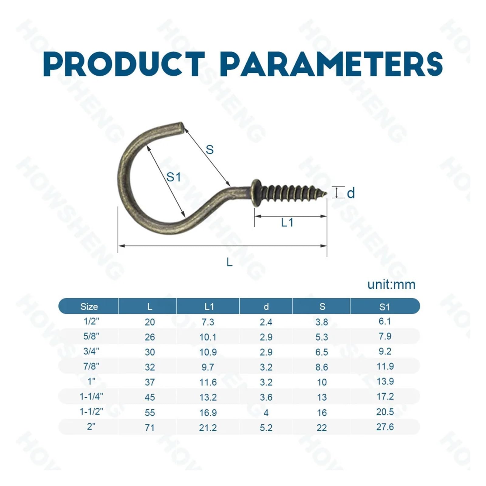 Metalowe haki sufitowe, Haczyki na kubki Śruba 10-30 szt. Hak wkręcany do sufitu 1/2"-2" Gwintowanie wieszania w kuchni(1/2",30pcs)