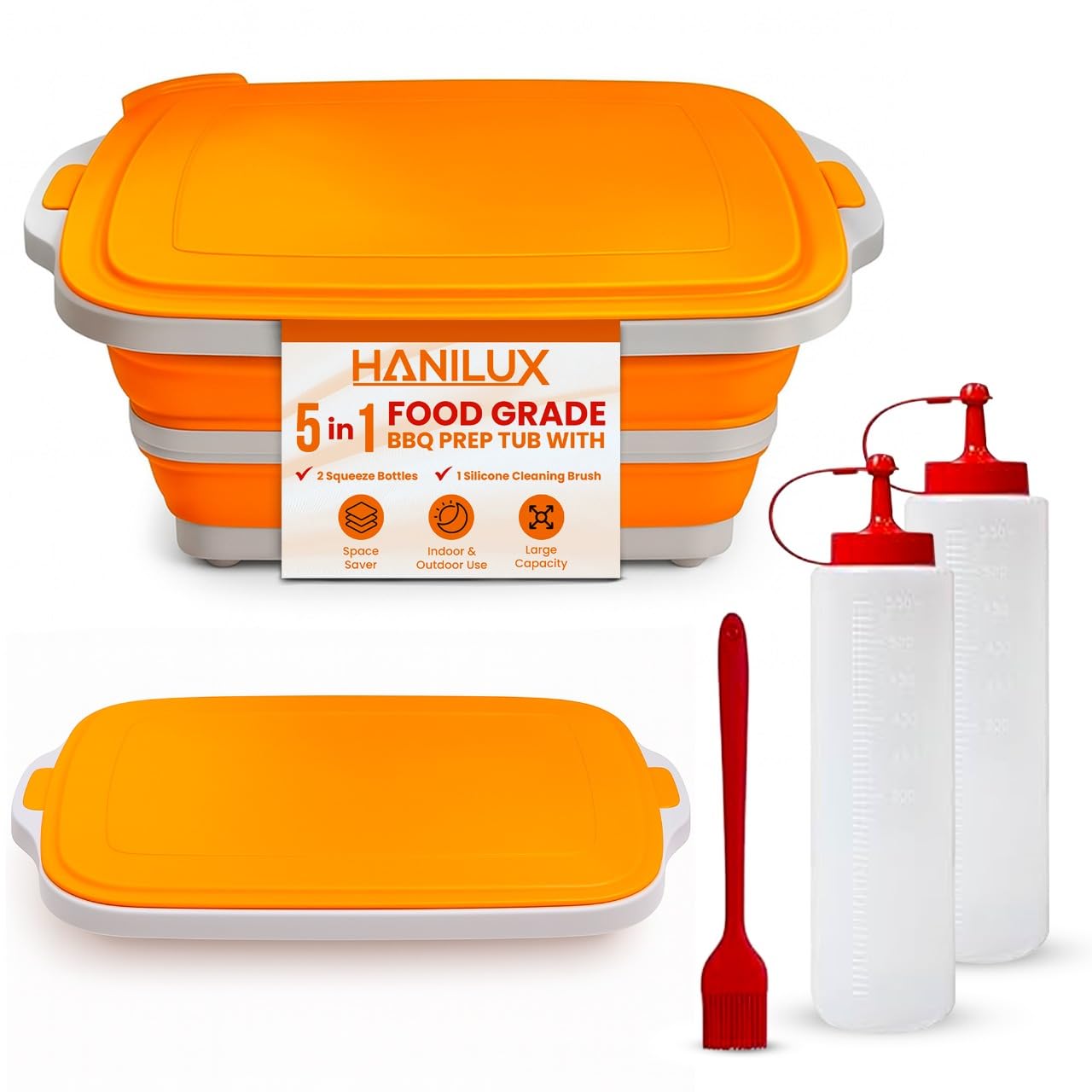 Collapsible BBQ Prep Tub, for Meal Prep, Marinade Container, w/ Cutting Board, Multi-Function Grill Caddy w/Colander & Lid, (8L) Tub With/2 Squeeze