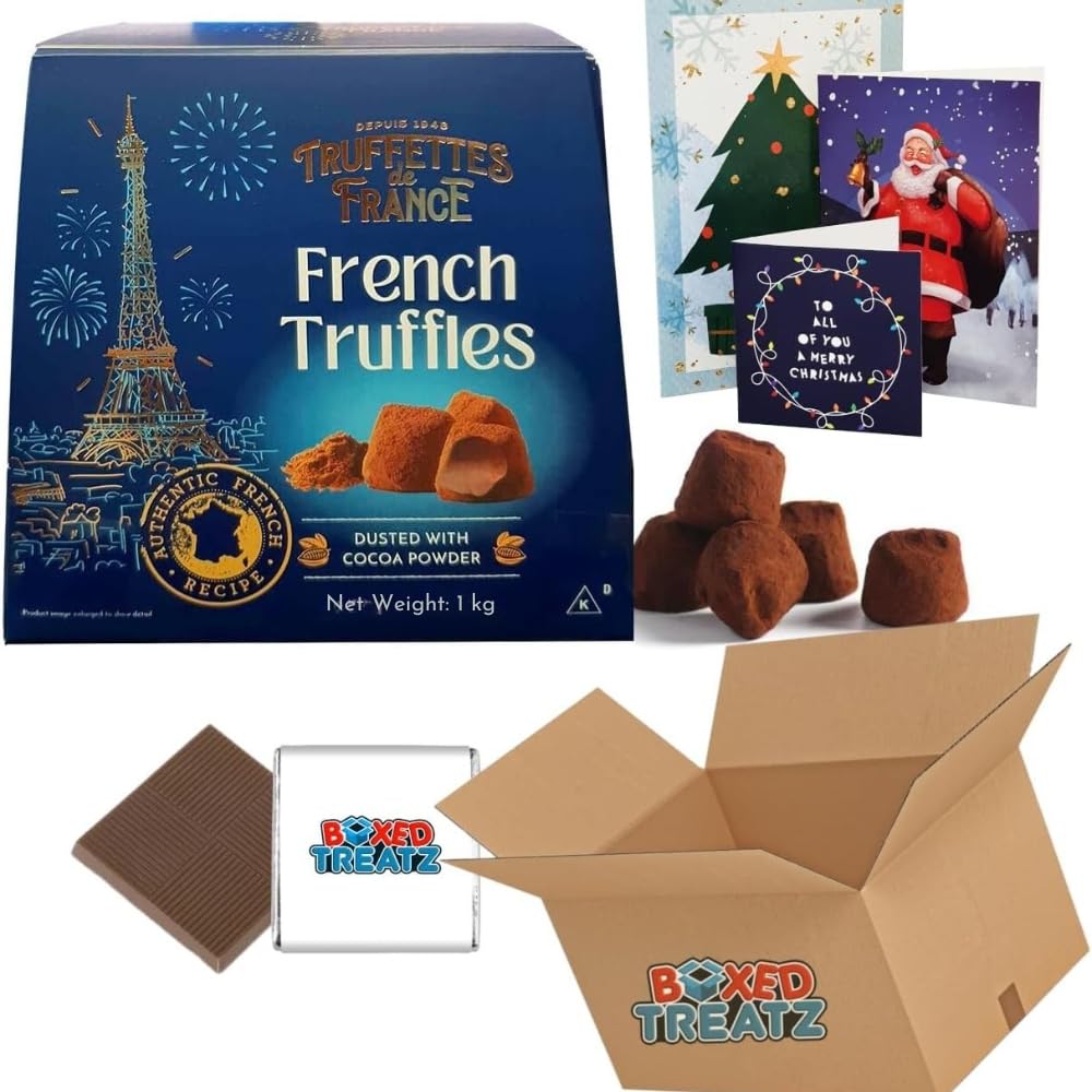 Boxed Treatz French Chocolate Truffles Dusted with Cocoa Powder, Truffettes De France with Christmas Card, 1KG (100 Truffles)