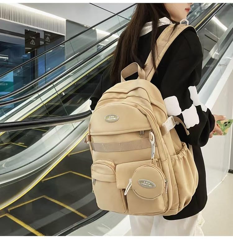 2025 Trendy Backpack for Women Men Aesthetic Laptop Backpack Large Computer Bag Preppy Daypack with Coin Purse (Khaki)2