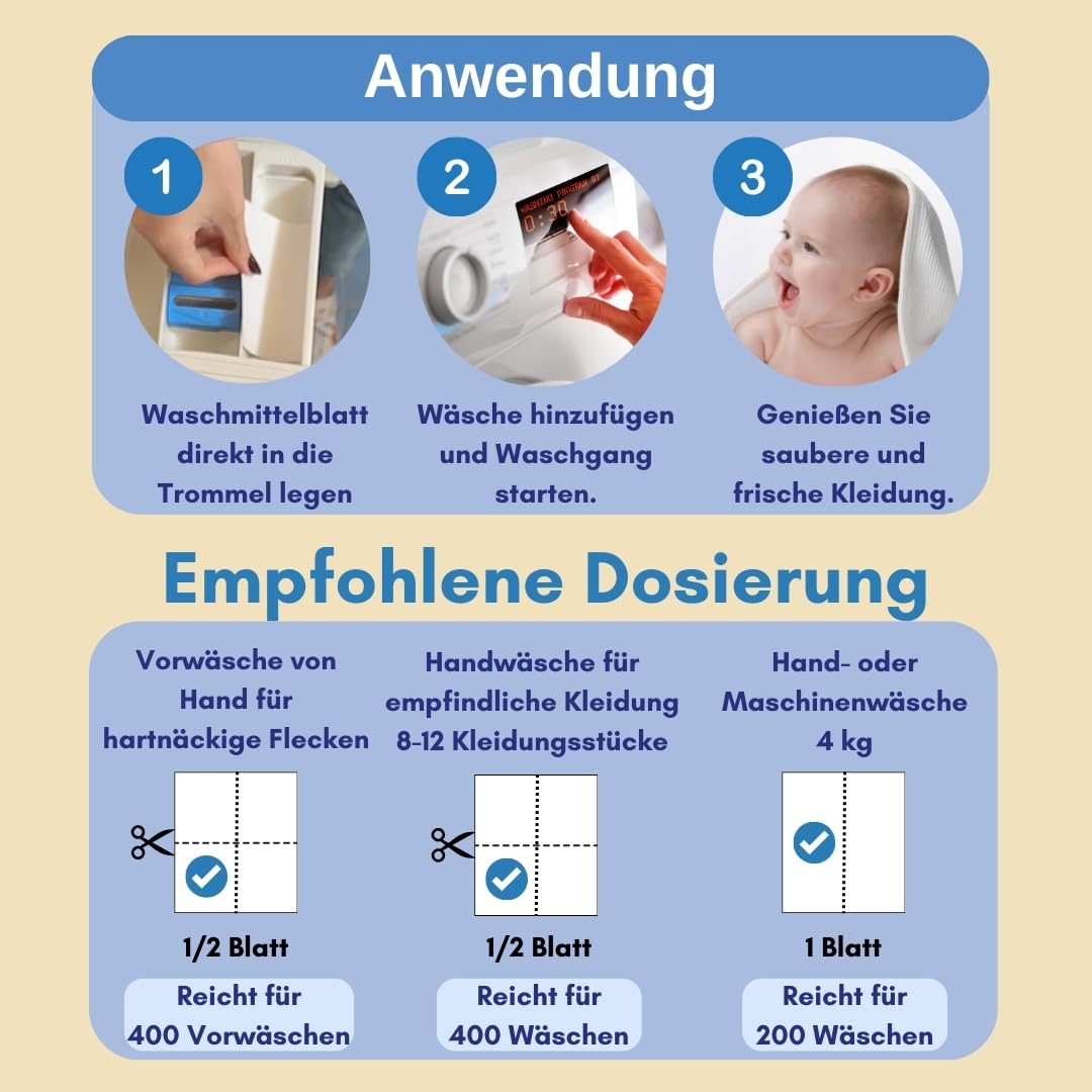 Waschmittelblätter für Babykleidung (bis zu 400 Wäschen) – Duftfrei, Hypoallergen & Ökologisch | Tiefenreinigung für empfindliche Haut | Biologisch abbaubar, vegan & plastikfrei – Babywaschmittel