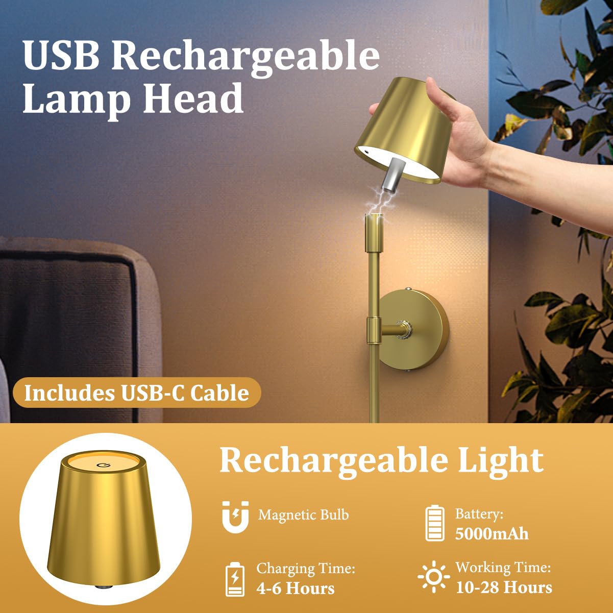 LEMIKKLE Wireless Wall Sconces Set of 2, Rechargeable Wall Lights with Dimmable 3 Colors, 5000mAH, Can Last 24H - Image 4