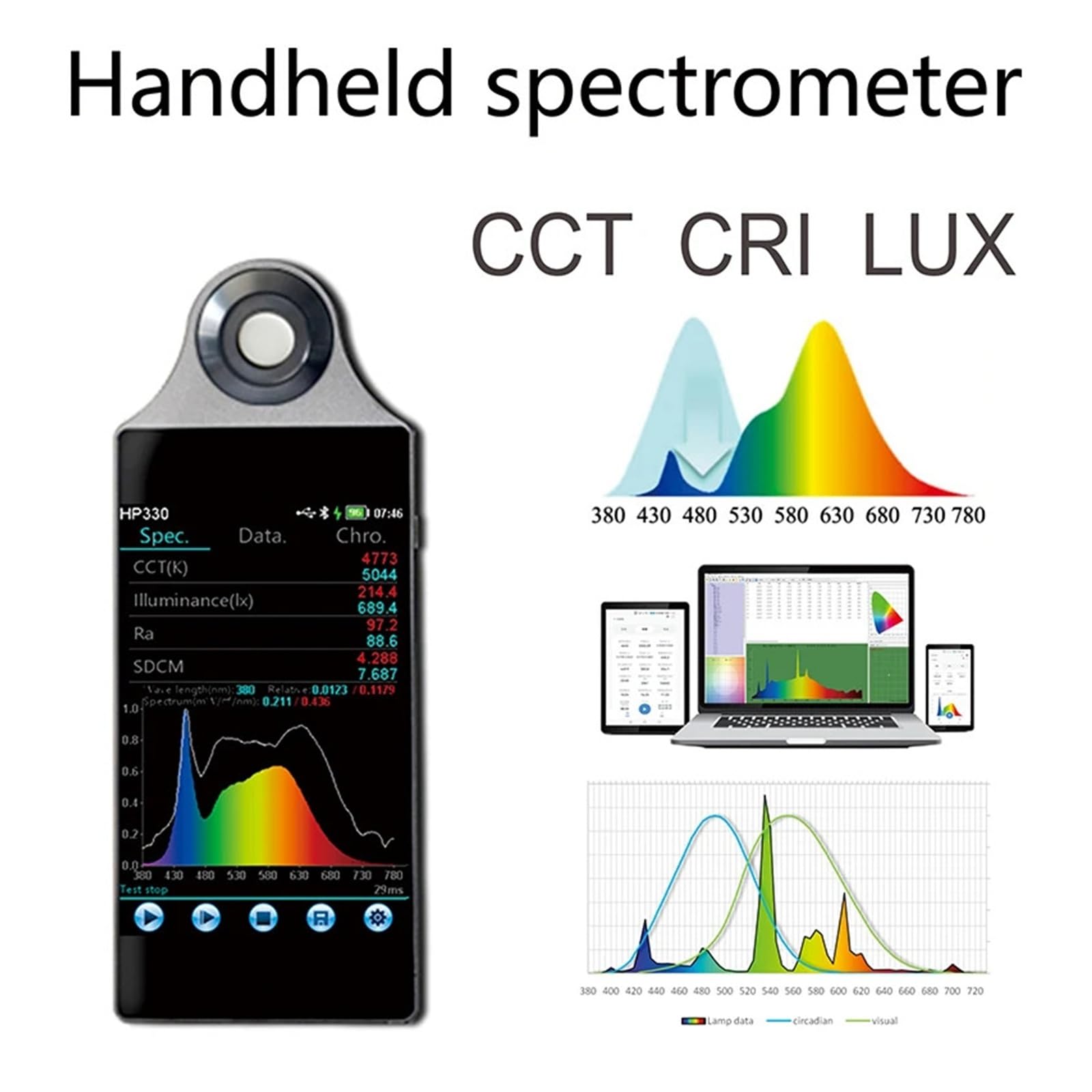 HP330 Spektrometer 380-780 nm Lichtfarbtemperaturmessgerät Laborspektrum-Analysegeräte for CCT CRI-Tests Einfaches Datenlesen(HP330)