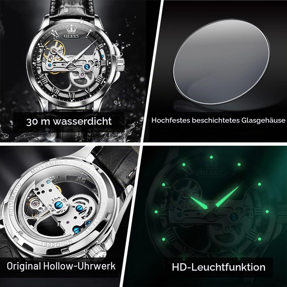 OLEVS Skeleton Automatische Herrenuhren Mechanisch Modisch Luxus Leder Wasserdicht Leuchtende Herren Armbanduhr