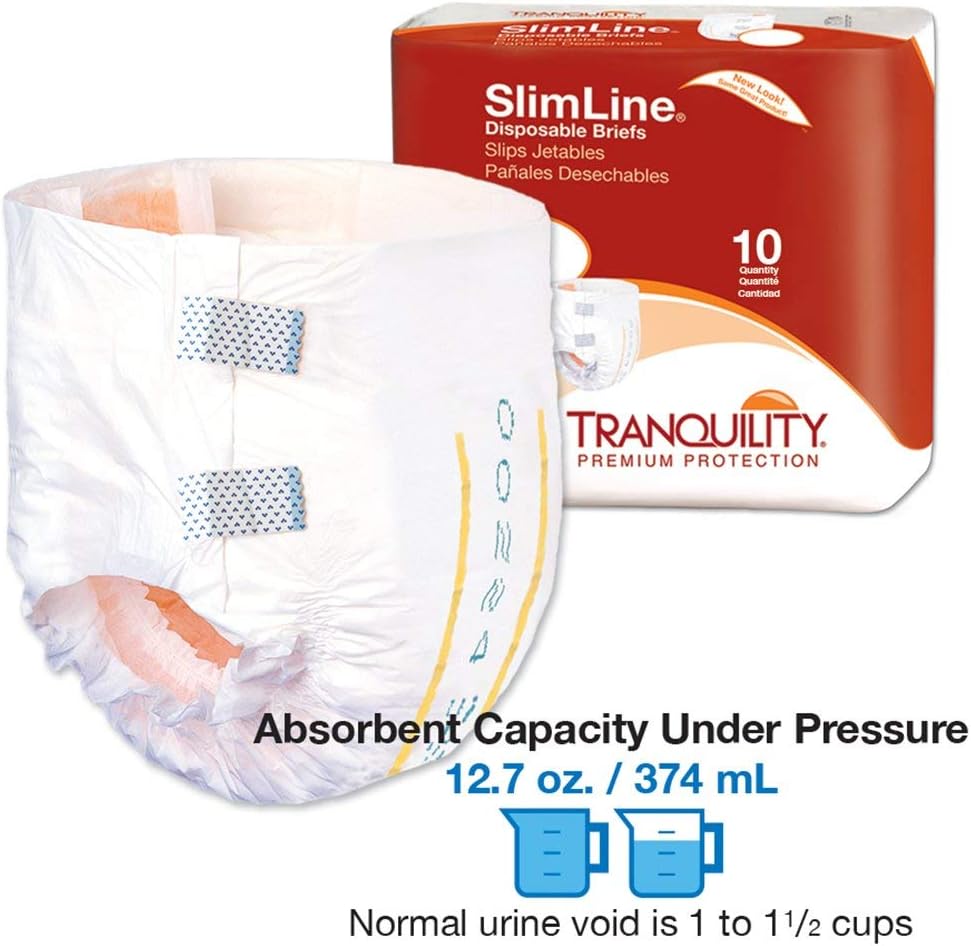 Tranquility Slimline Original Adult Disposable Brief, Adult Small, Incontinence Care with a Slimmer Fit, Peach Mat Core & Kufguard Technology for Max Comfort, Latex-Free, 12.7oz Capacity, 100ct Case