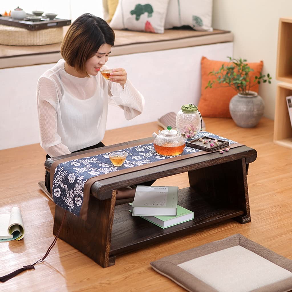 End Tables, Stolik kawowy 2-poziomowy z półką do przechowywania, retro japoński stolik do herbaty, stolik tatami do salonu, okno wykuszowe (kolor: ciemnobrązowy, rozmiar: 68 * 35 * 28 cm)