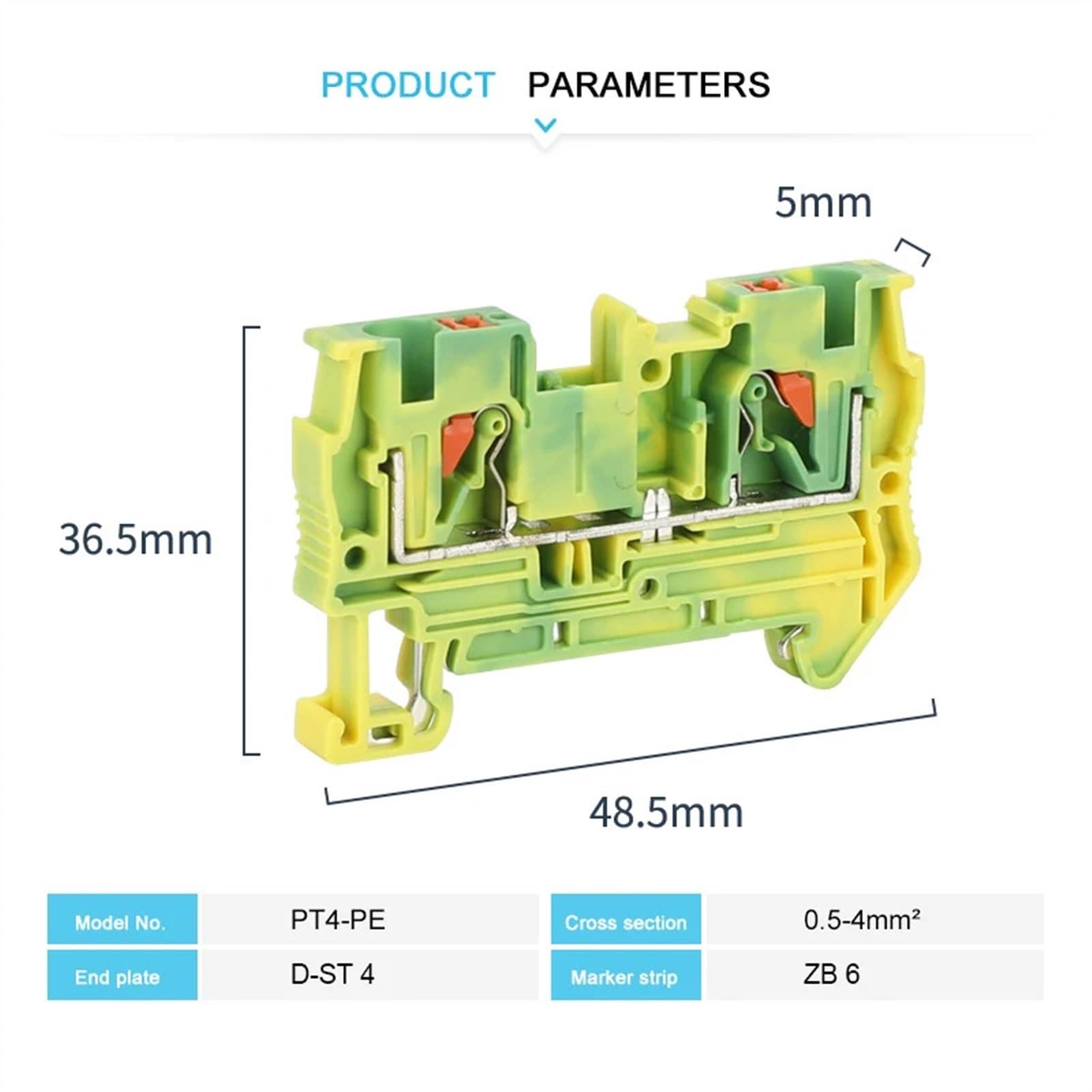 PT4-PE Push-in 4mm² Ground Din Rail Feed-Through Terminal Block Earth Strip Connector Wire Electrical Connector PT 4-PE(10 Pcs)