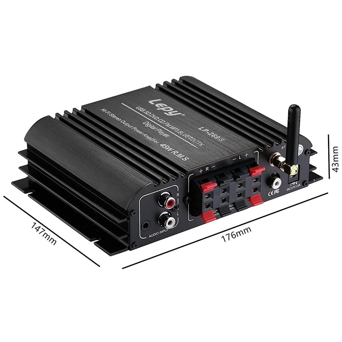LP-269S Wzmacniacz Bluetooth, 2-kanałowy odtwarzacz multimedialny HiFi, stereo, 45 W, z zasilaczem 5 A, do samochodowego wzmacniacza silnika, czarny