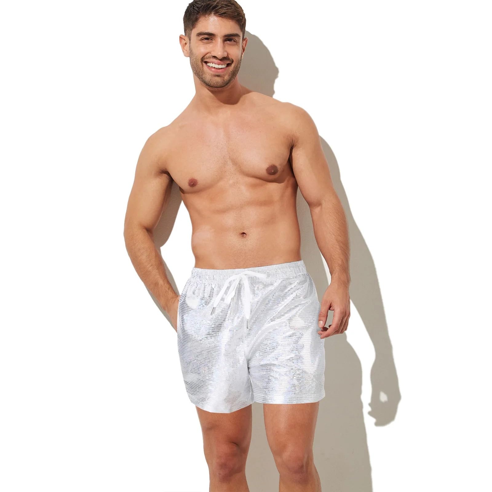 Pantalones Cortos De Playa Verano for Hombre 150g, Calzoncillos Boxer Natación Brillantes Talla Grande, Cuerda A Cuadros Lisos Poliéster para Nadar