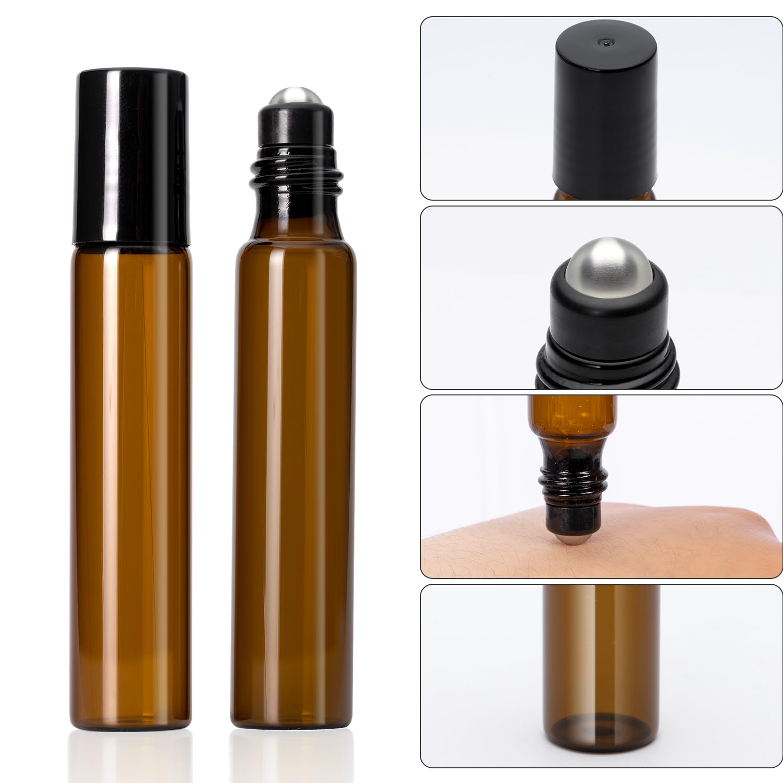 Carehabi Lot de 12 Flacon à Bille Verre pour Huile Essentielle, 10ml Flacons Roll on vides Rechargeable Marron Transparent Bouteille avec pipette pour Huiles Parfumé, Cosmétique, Massage