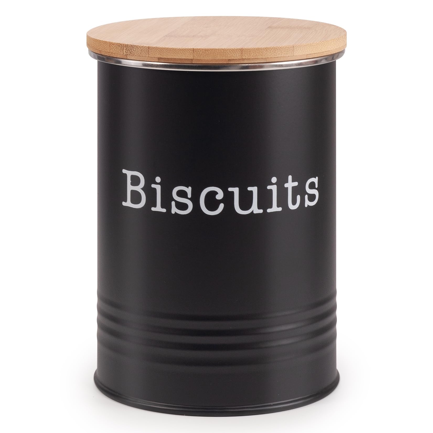 Ehc Biscuit Tin - Black Round Enamel Airtight Seal Cookie/Biscuit Kitchen Storage Canister Jar With Wooden Lid - Black