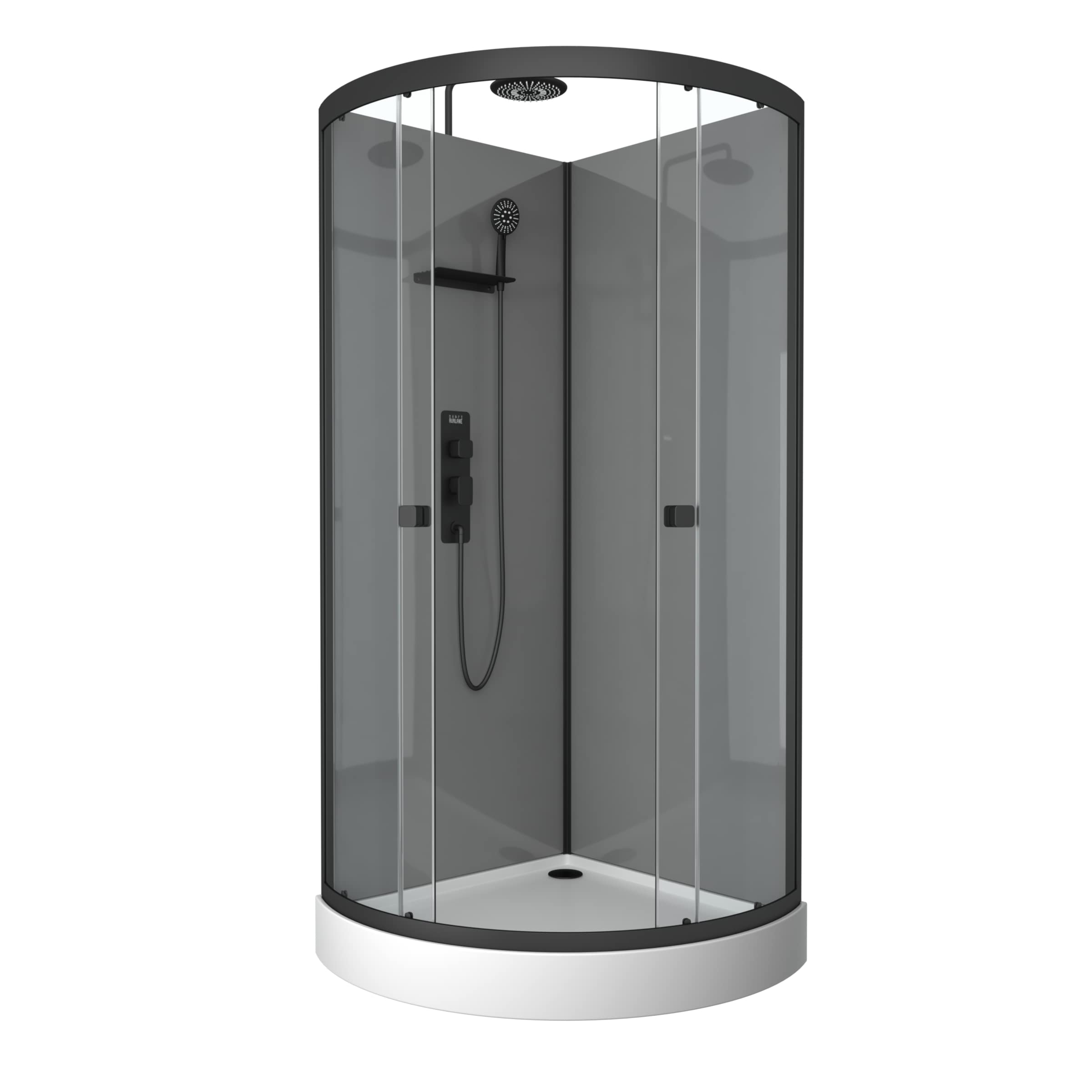 Marwell ducha completa gris estilo redondo 215 x 90 x 90 cm – cristal templado 5 mm – aluminio – estante – efecto lluvia