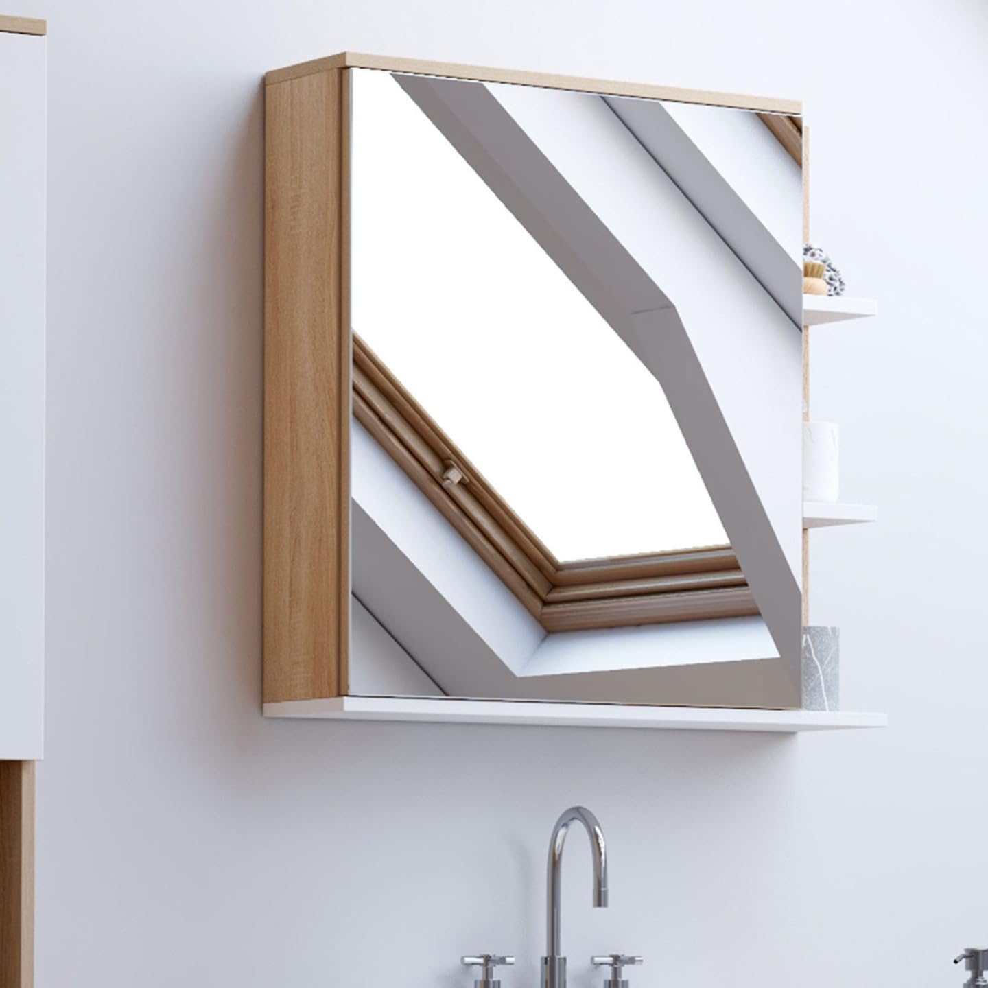 IDMarket - Meuble de Rangement Suspendu avec Miroir et étagères pour Salle de Bain TOMI façon hêtre et Blanc