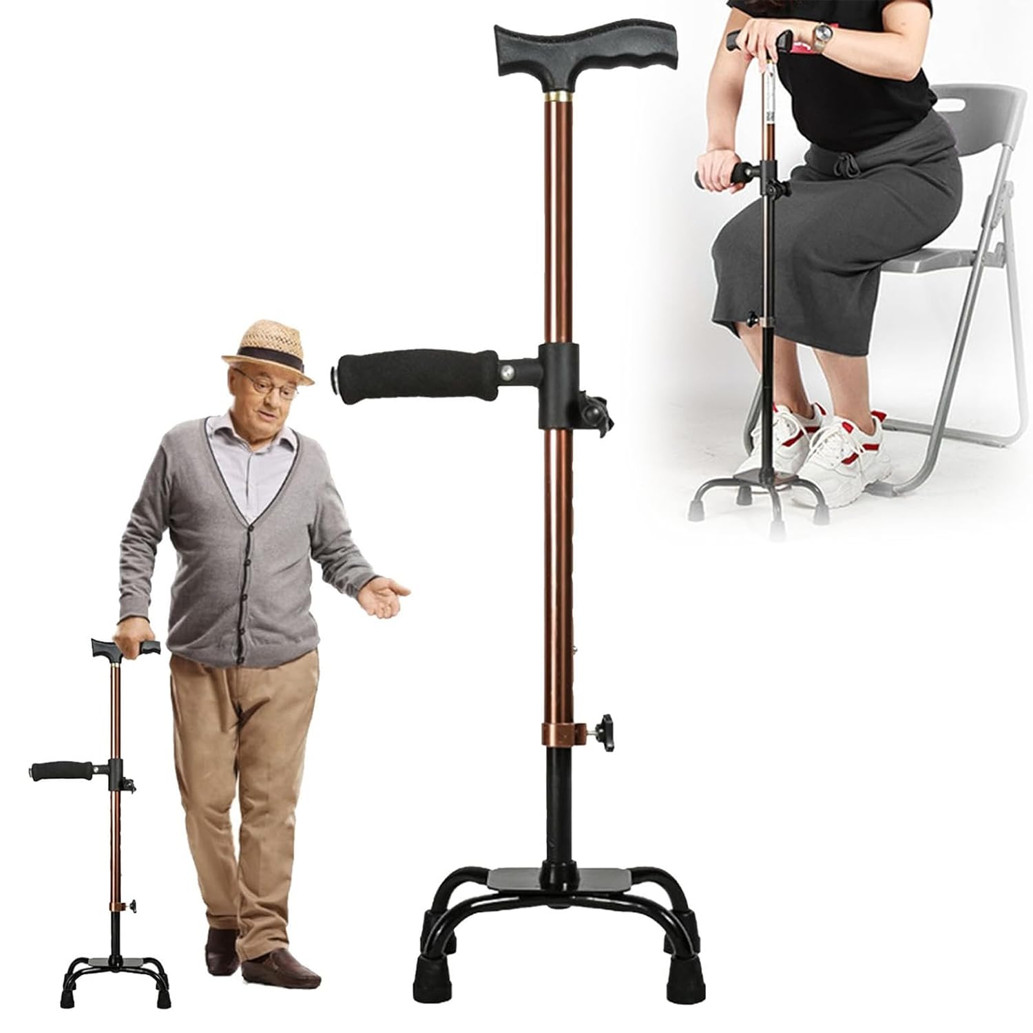 TsoLay Muletas De Cuatro Patas, Bastón De Aluminio para Subir Escaleras con Asa Lateral Y Base De 4 Patas, 10 Alturas Ajustables 62-85cm, Capacidad De Carga 100kg, para Ancianos