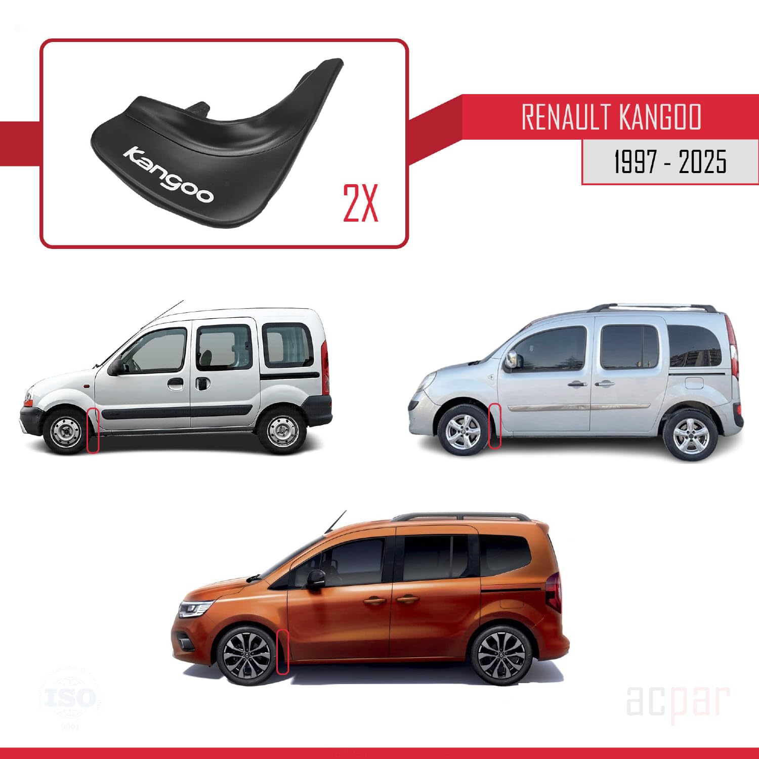 Compatible avec Renault Kangoo 1997-2025 Jeu de Bavettes Garde-boue Avant et Arrière de Voiture 4 Pcs Noir