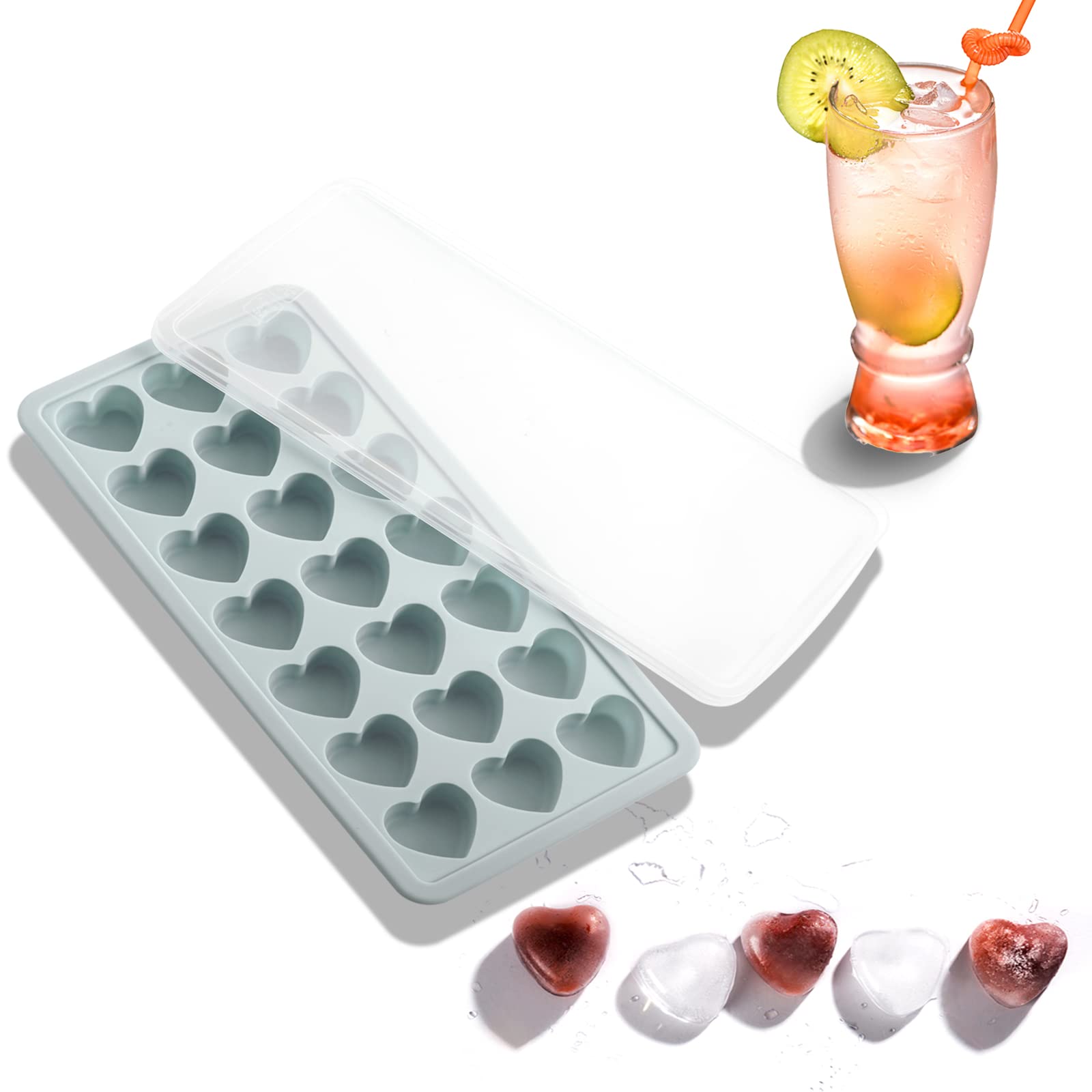 Bandeja de cubitos de hielo en forma de corazón, molde de silicona de 21 agujeros con tapa extraíble, flexible para whisky, cóctel, chocolate, día de San Valentín (gris)