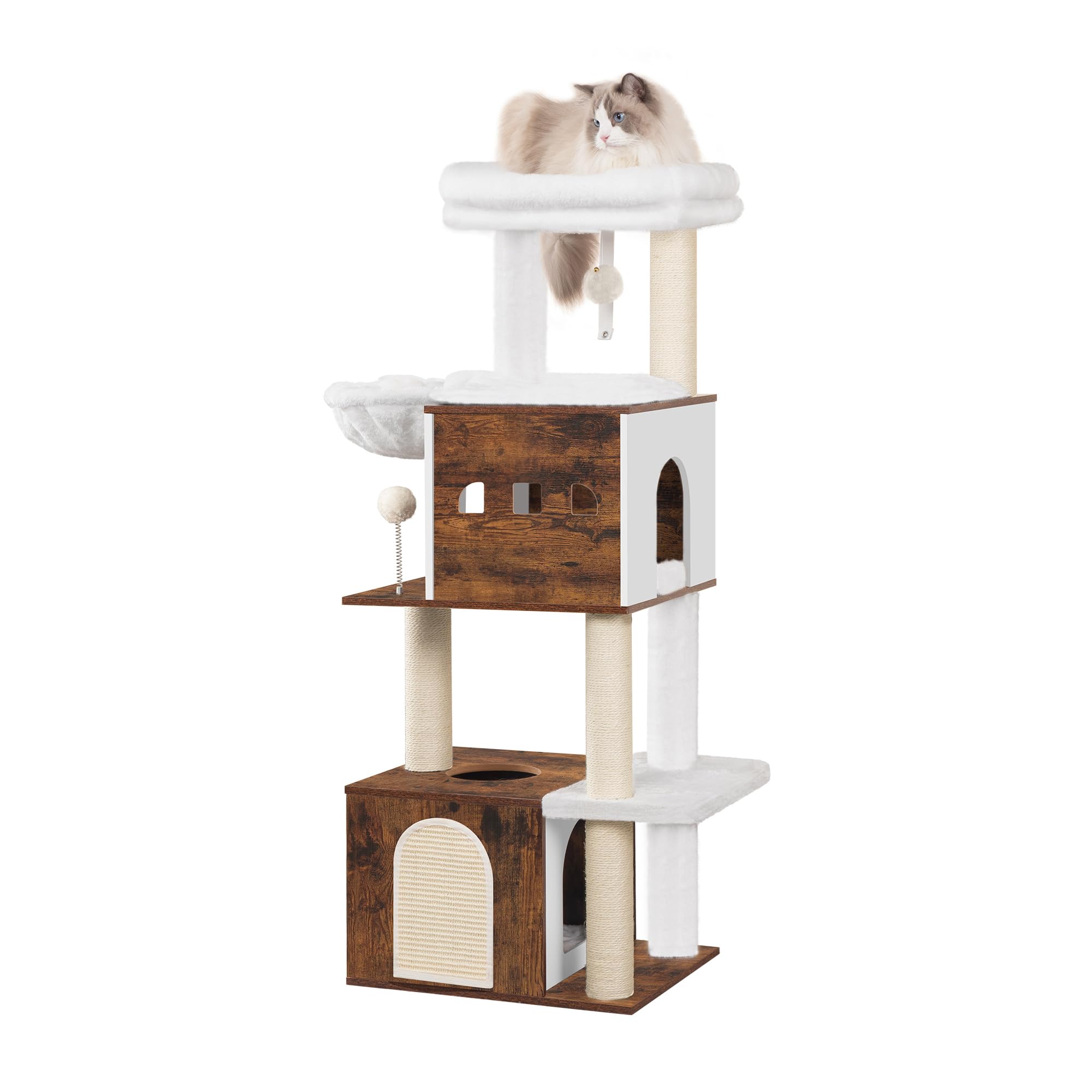Hzuaneri 130 cm Tiragraffi, Torre per Gatti, 2 Cucce per Gatti con Letti Imbottiti, Grandi Piattaforme, Tiragraffi in Legno, Marrone Vintage MS13201WT