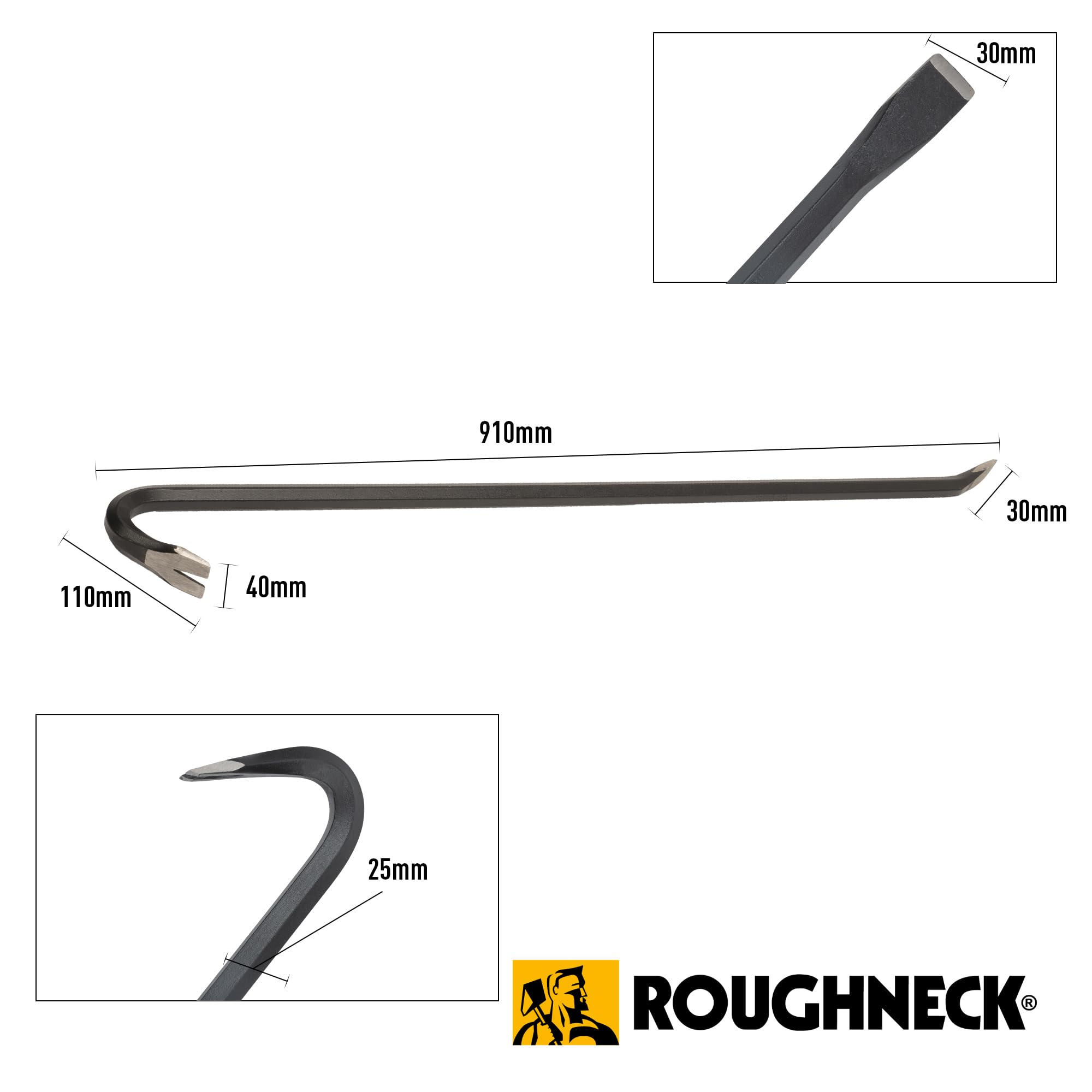 Barre de démolition Roughneck – 914 mm (36 po) | Forgée, traitée thermiquement, arrache-clous biseauté, mâchoires larges et profilées, résistante à la corrosion