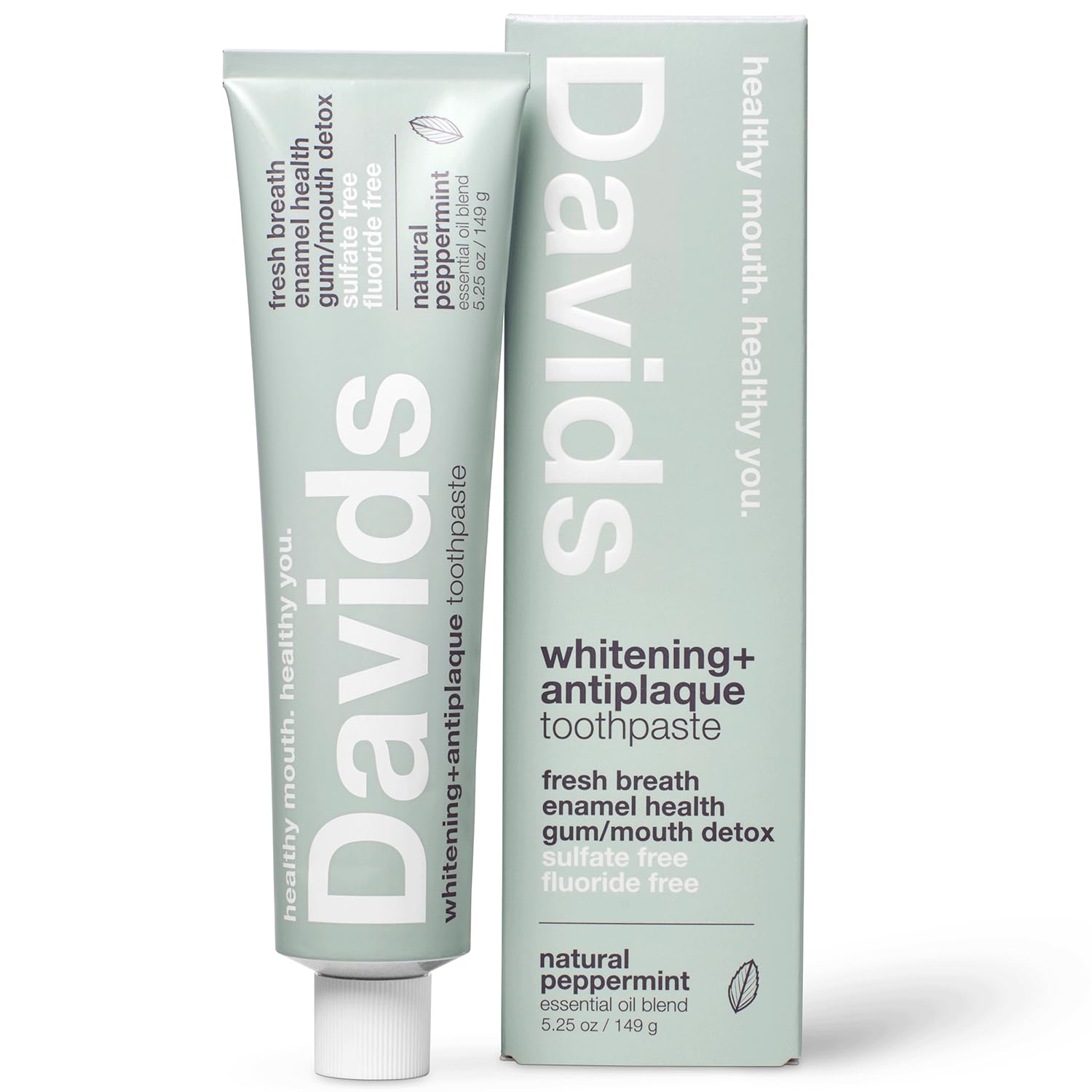 Davids Fluoride Free Whitening & Antiplaque Toothpaste, Natural Peppermint, Mouth & Gum Detox, SLS Free, EWG Verified Clean & Safe Ingredients, 5.25oz, Made in USA