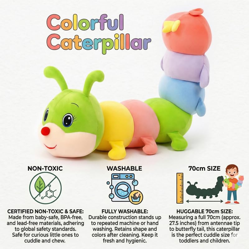 Image of HUG 'n' FEEL SOFT TOYS Big Size Caterpillar Soft Toy - Colorful Plush Stuffed Animal Toy Figure | Cute Huggable Caterpillar Doll for Kids, Babies, Girls & Boys | Birthday Gift & Room Decor | 30 CM