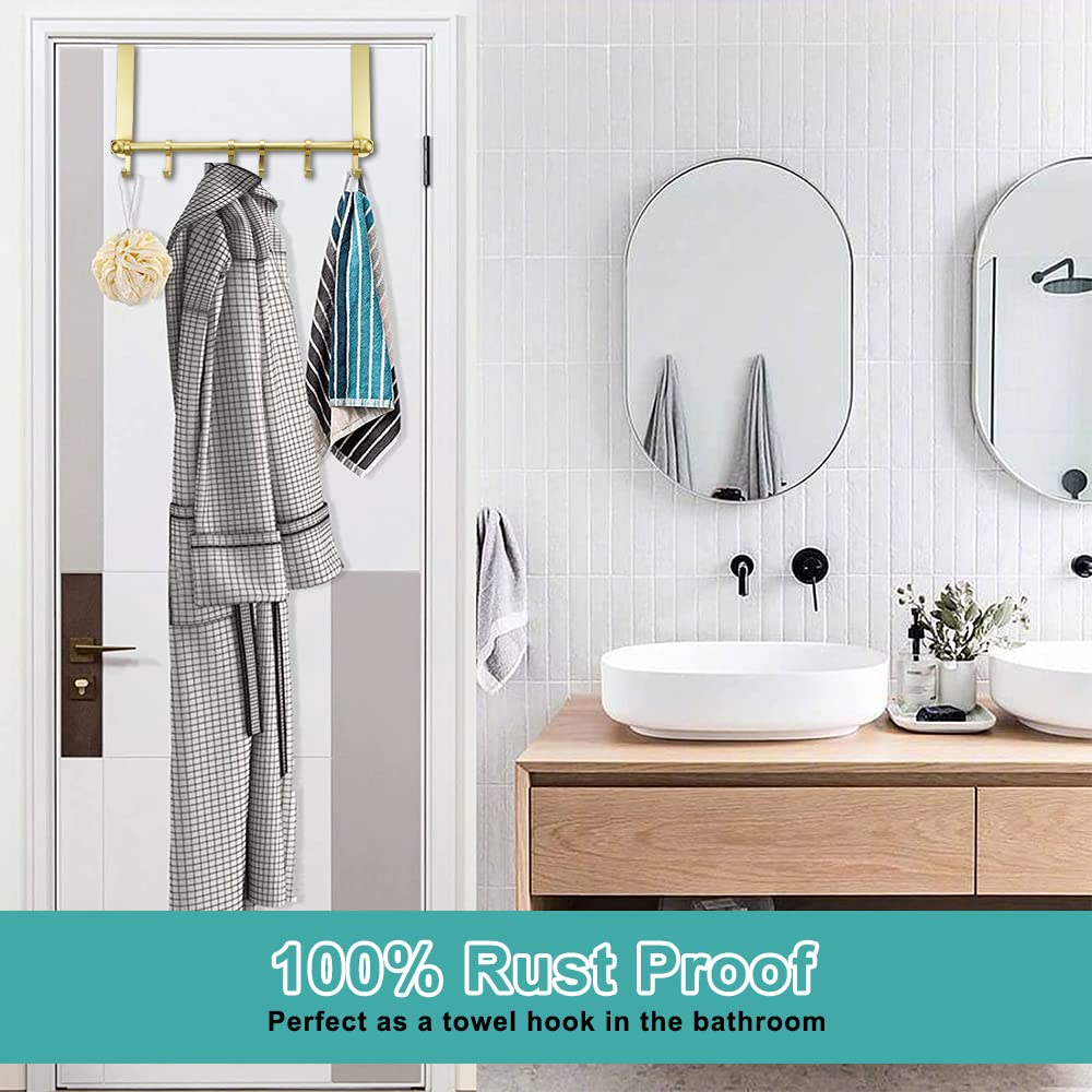 Over The Door Hooks Hanger, Moving 6-Hooks,Over Door Towel Rack,Door Coat Hanger, Upgraded Long Arms for Bathroom Accessories (Gold)
