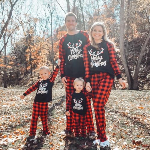 Image of IFFEI Matching Family Pajamas Sets Christmas PJ's with Letter and Plaid Printed Long Sleeve Tee and Bottom Loungewear