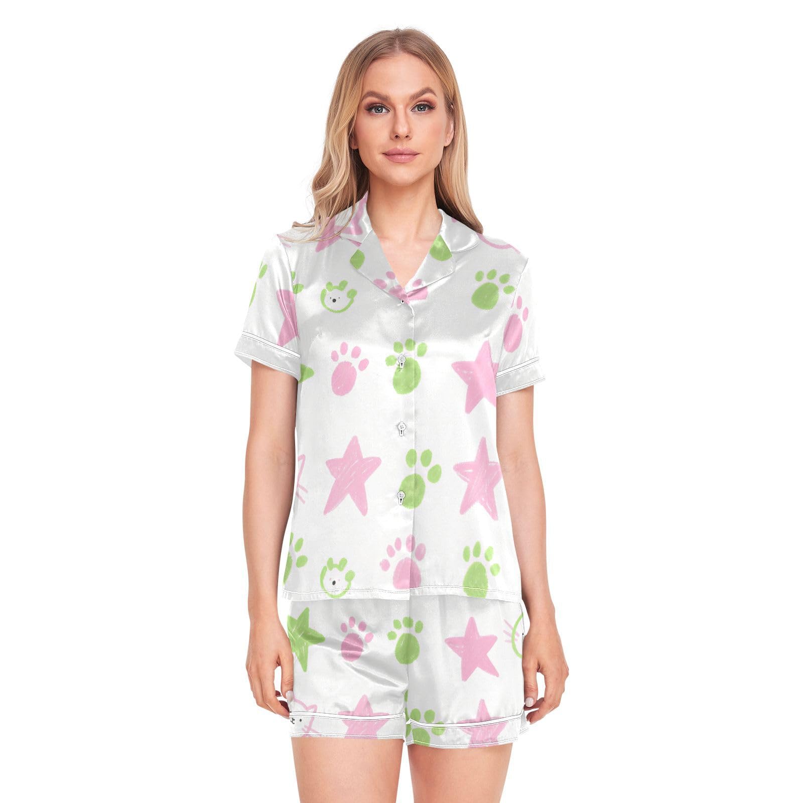 Ropa de dormir de manga corta con estampado de gato verde y estrellas 8