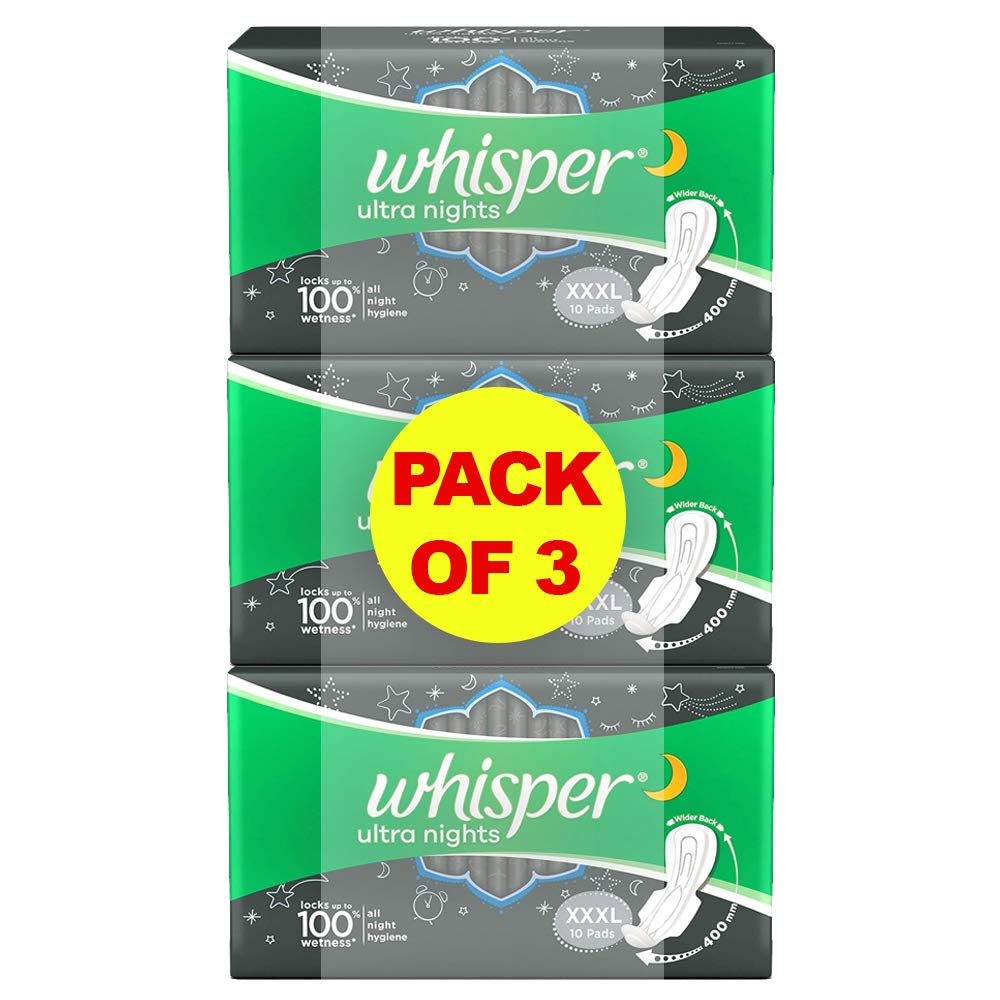 WhisperSanitary Pads With Wings XXXL, 10 Pads (Pack of 3)
