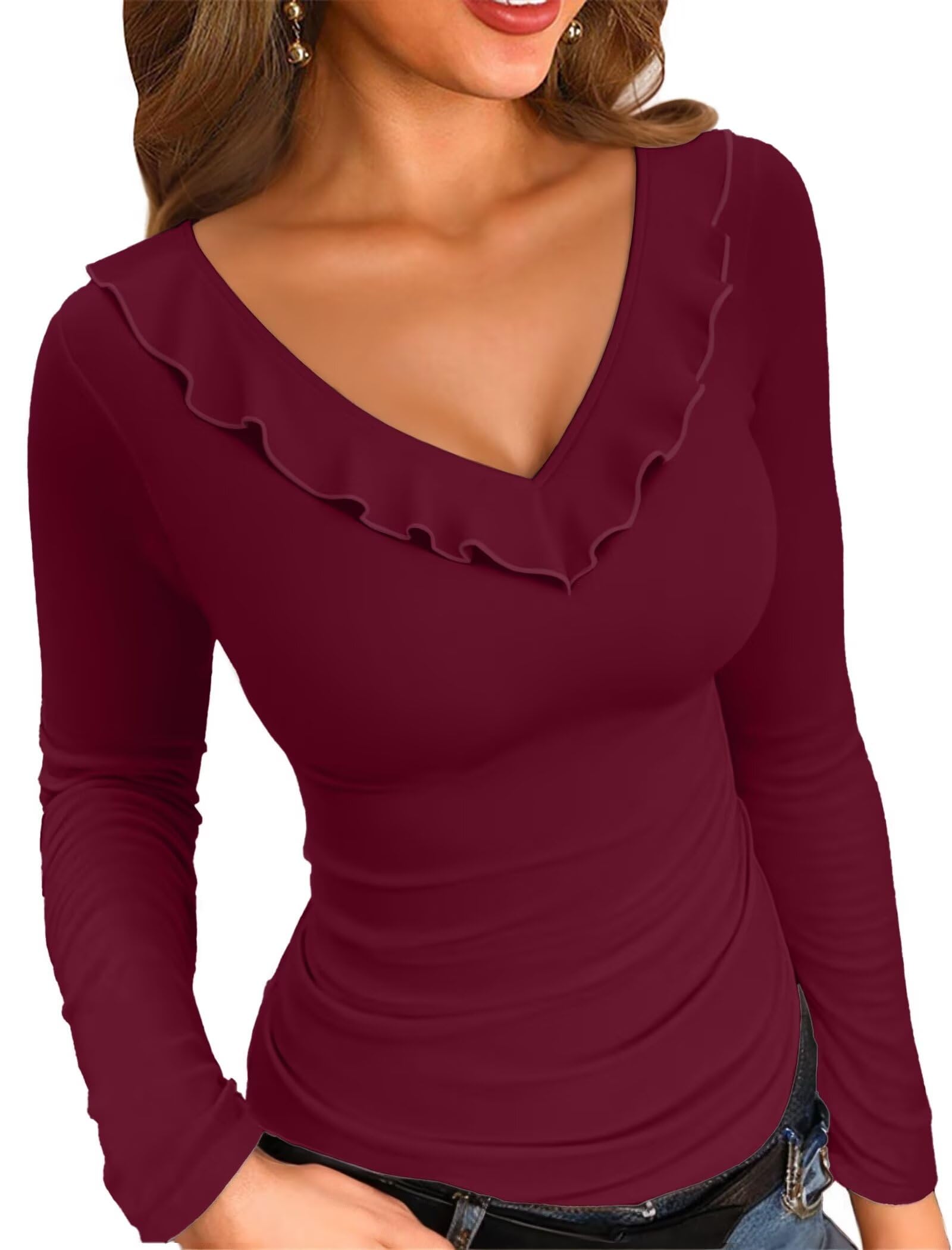 VICHYIE Womens Long Sleeve Shirts V Neck Ruffle Hem Slim Fitted Ribbed Knit Trendy Tee Tight Tops Long Sleeve X-Large Long-purple Red
