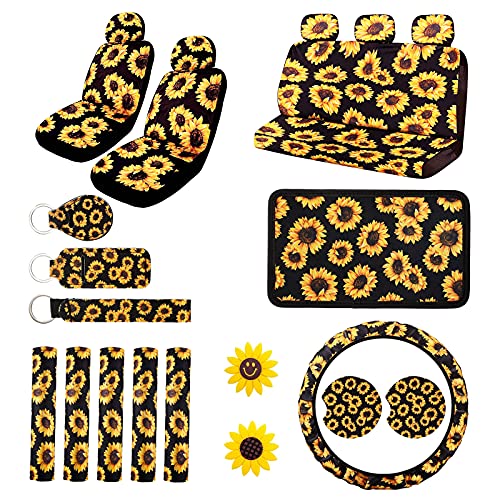 Sunflower Car Accessories Set Aulufft 23pcs Car Sunflower Steering Wheel Cover Seat Covers Seat Belt Covers Center Console Armrest Pad Cup Holder Coaster Keychain Lanyard Vent Decor
