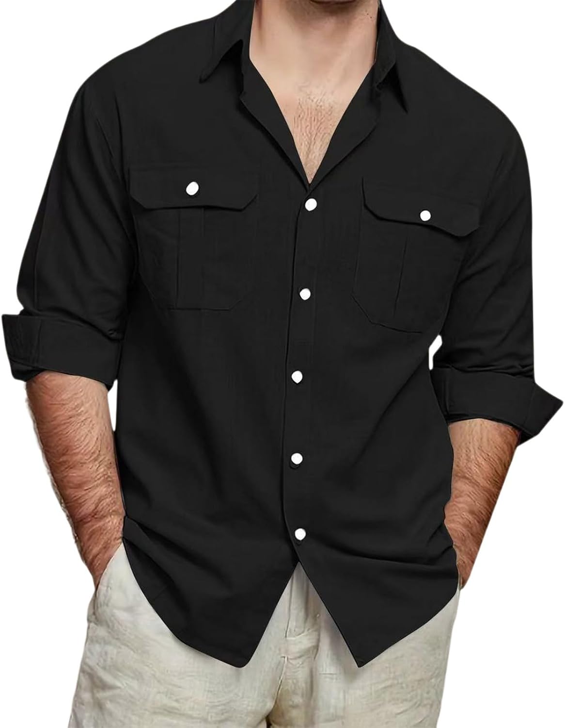 Ymosrh Men's Casual Shirts Button Down, Long Sleeve Cotton Linen Fall Vacation Dress Shirts with Pockets, M-3XL