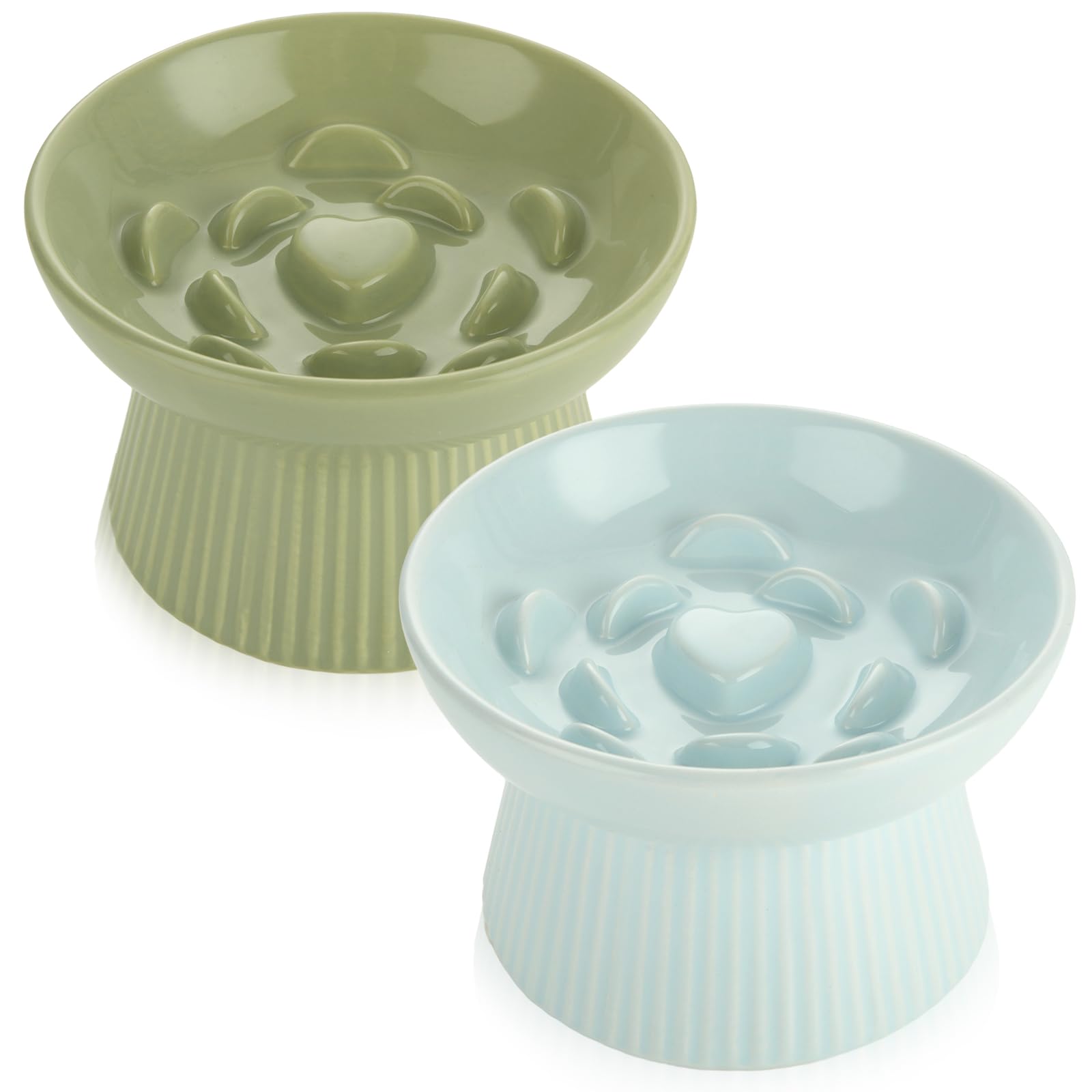 ABuff Lot de 2 gamelles surélevées en céramique pour chat avec stries améliorées pour éviter les vomissements et l'indigestion, bord haut pour aliments secs/humides, lourds et stables, faciles à