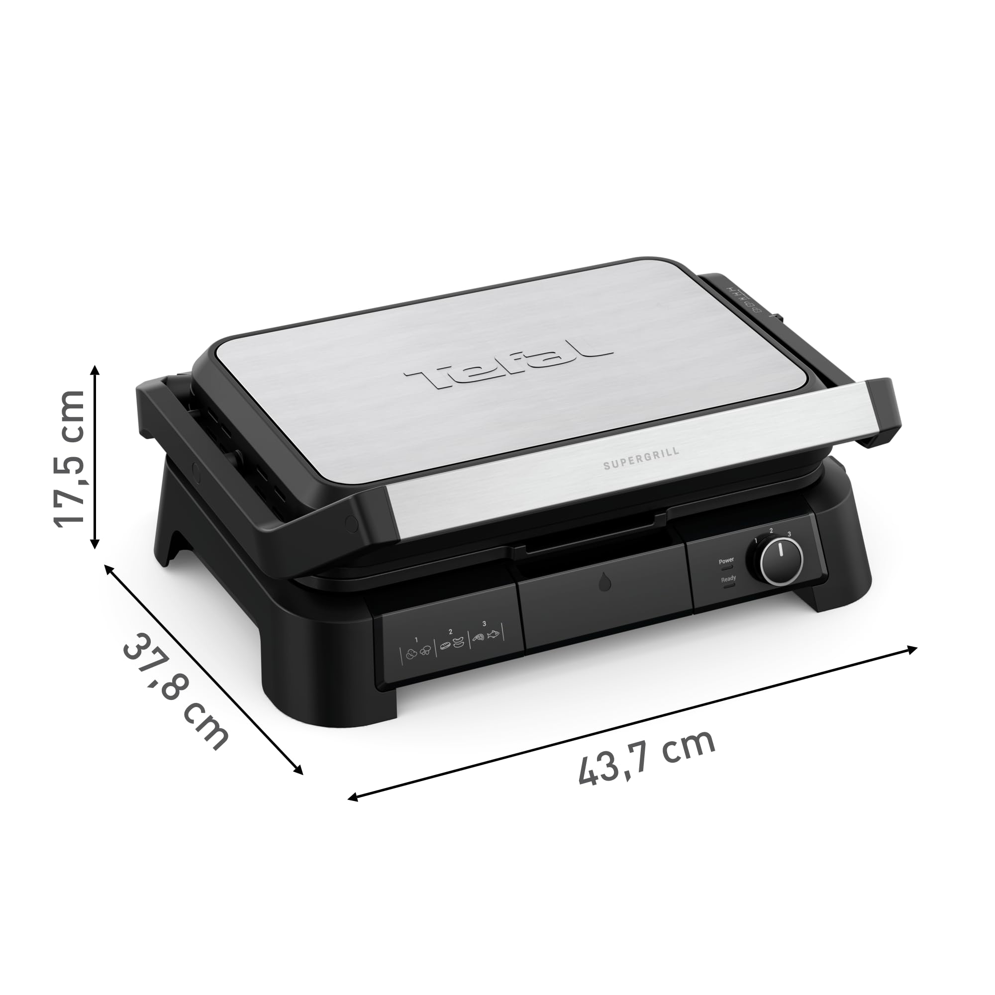 TEFAL GC520D SuperGrill 3w1, funkcja BBQ, pozycja pieca z 3 wysokościami, powierzchnia grillowania 800cm², regulowany termostat, 3 poziomy temperatury, powłoka zapobiegająca przywieraniu