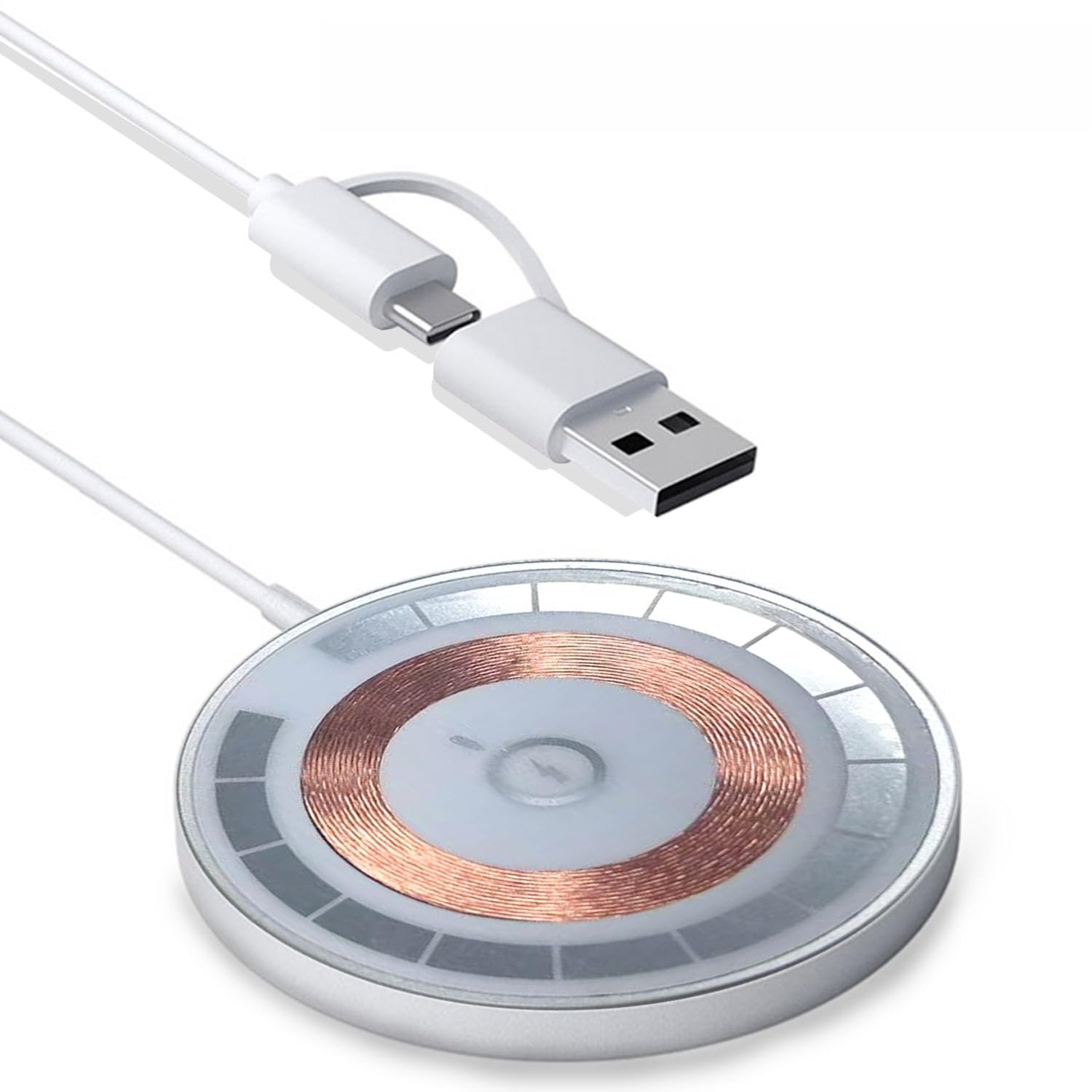 15W Magnetic Wireless Charger Pad for Magsafe iPhone 17 16 15 14 13 12 Pro Max Samsung AiPods Pro 3 USB Type-C Fast Charging Dock Station (PD+USB A Port Type-2 White)
