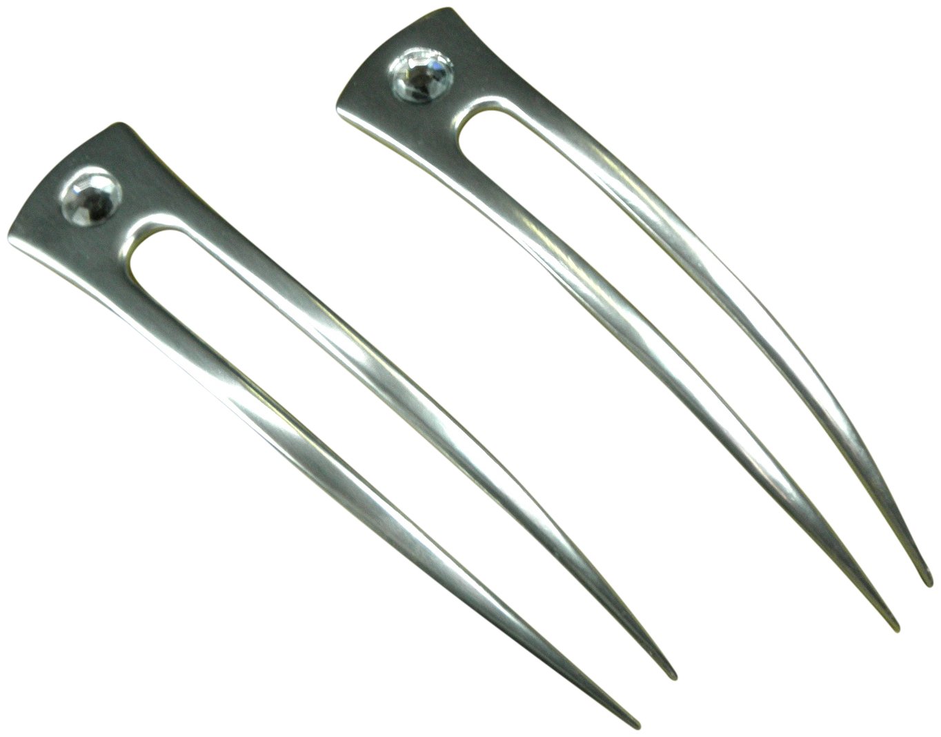 JWL HAWNKOA PRODUCTS(2) Anodized Aluminum Two Prong Curved 6" Hair Forks Unbreakable Waterproof Pick Pic Pin Fork - Hawaiian Style (Silver)