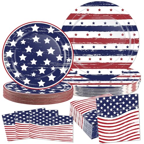 OuMuaMua 75 Pcs American Flag Patriotic Party Plates and Napkins 4th of July Disposable Tableware Paper Set for Veterans Election July 4th Independence Day Party Supplies Decorations Serves 25