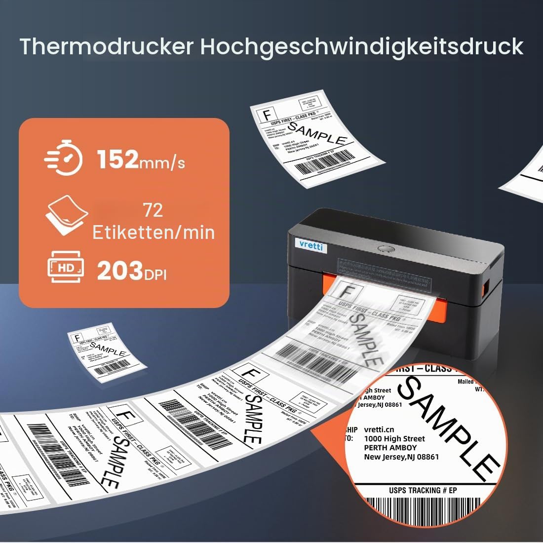 vretti WiFi Etikettendrucker 4x6,WLAN Shipping Label Printer | DHL Versandetiketten 100 x 150 mm,Thermodrucker Labeldrucker für DHL DPD UPS,99,99% Barcode-Scanrate