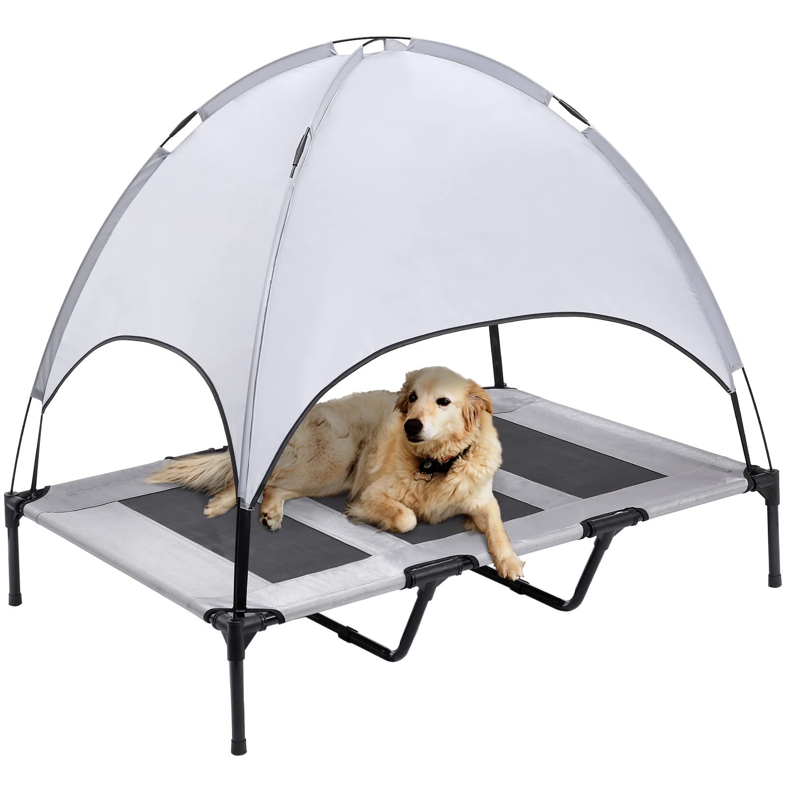 SUPERJARE XXLarge Outdoor Dog Bed, Elevated Pet Cot with Canopy, Portable for Camping or Beach, Durable 1680D Oxford Fabric, Extra Carrying Bag - Silver Gray