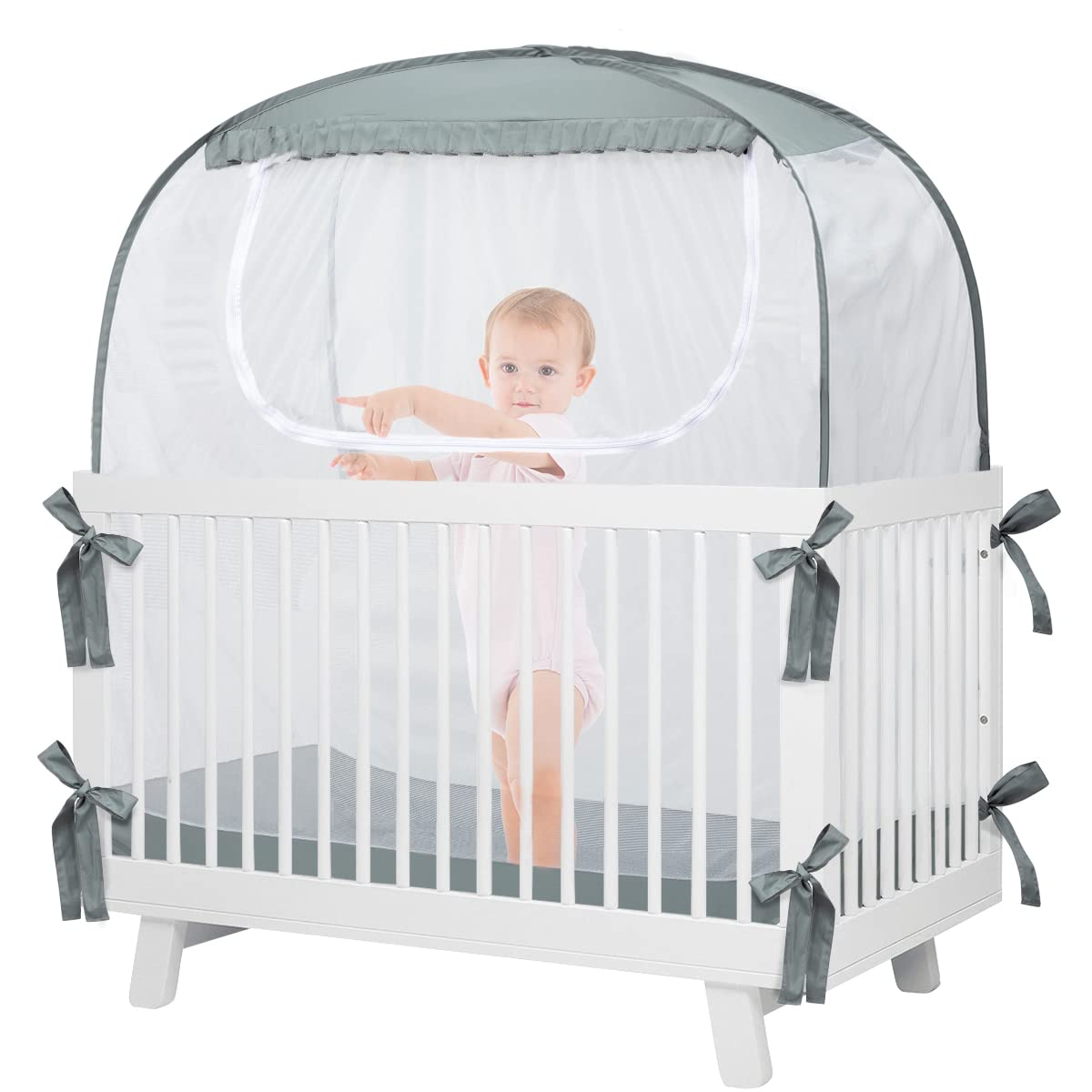 Baby Crib Tent, Pop Up Crib Canopy to Keep Baby from Climbing Out, Safety Crib Net Mosquitoes Net with See-Through Mesh, Fits Most Standard Cribs