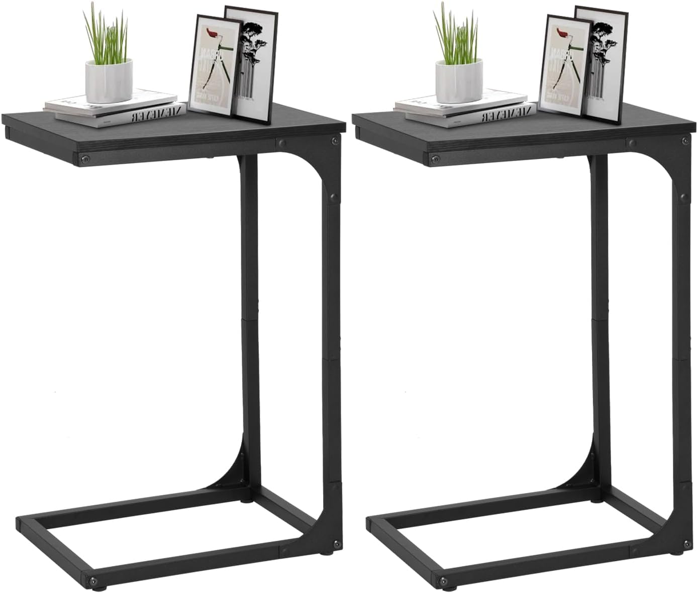 FDW C-Shaped End Table Wooden Top Side Table Adjustable Feet Small Cough Table Bedside End Table with Metal Frame for Bedroom Living Room,Set of 2,Black