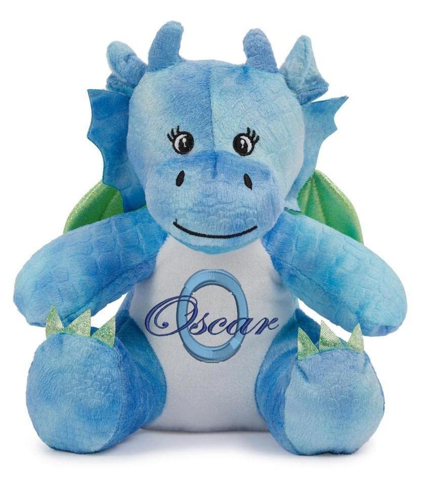 Personalised Teddy Bear and Animal Soft Plush Toys with Name & Initial, Customisable Baby Gift, Baby Boy, Baby Girl, Baby Shower Gift, Birthday Gift, Christening Gift (Blue Dragon)
